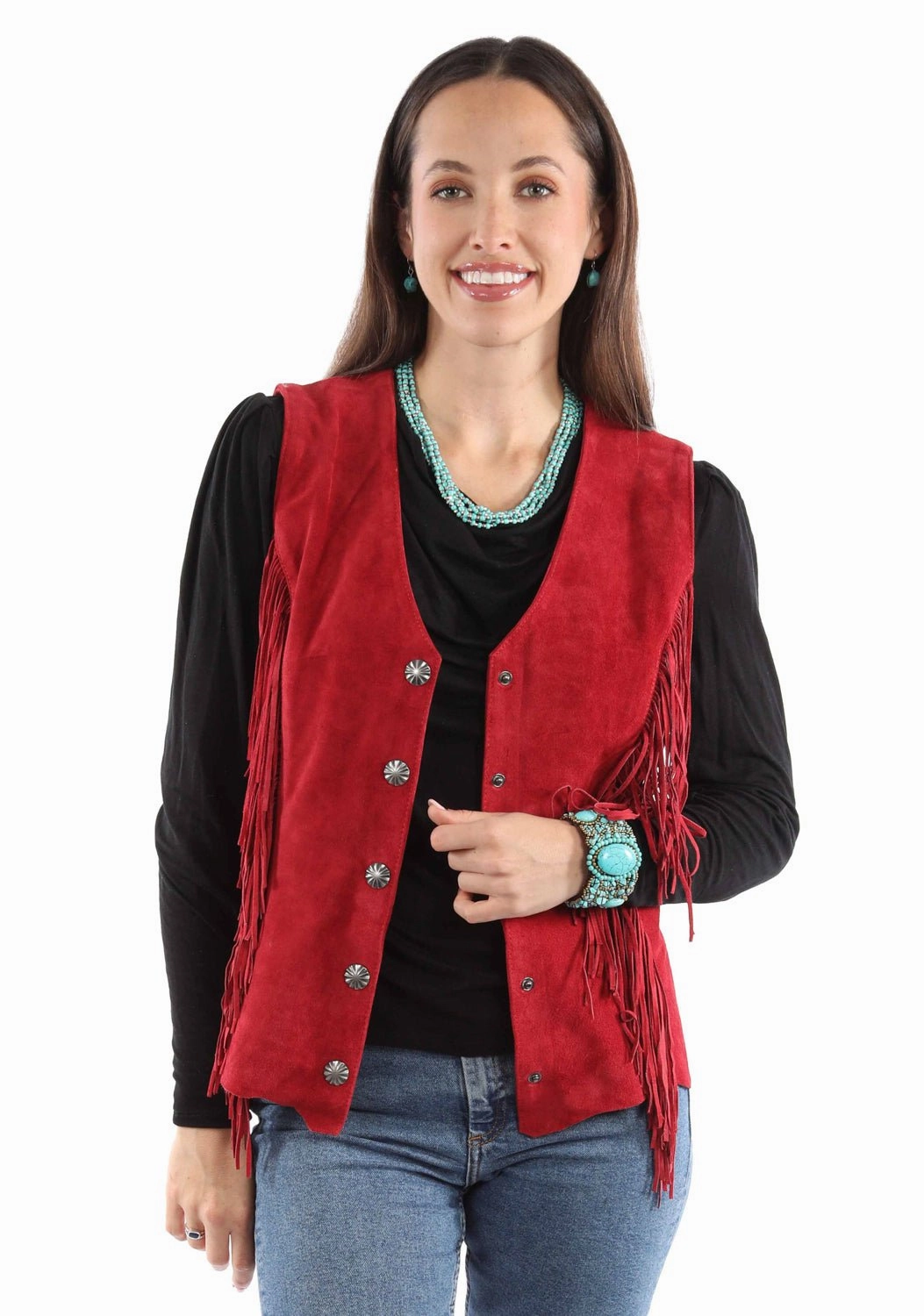 Scully Womens Snap Front Fringe Red Suede Leather Leather Vest Zipper Guard Weatherproofing Sun Protection Fabric