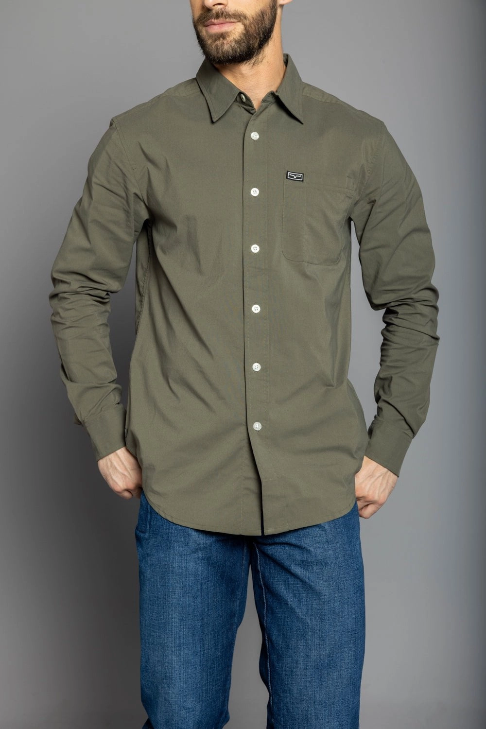 Kimes Ranch Mens Linville Solid Sage Cotton Blend L/S Shirt Seamless Shoulder Construction Current Style