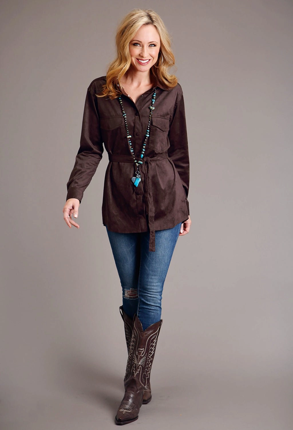 Stetson Womens Faux Suede Long Brown Rayon L/S Shirt Cozy Feel