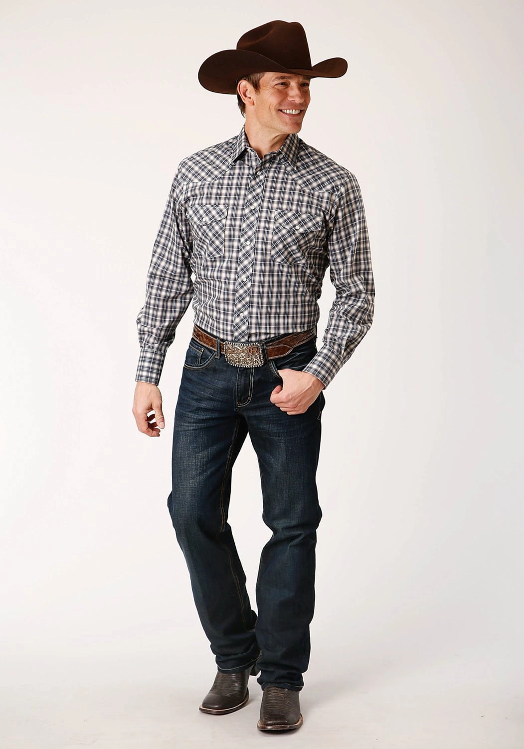 Gender Neutral Double Stitched Hems Roper Mens Small Scale Plaid Navy/Cream Cotton Blend L/S Shirt