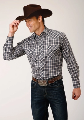 Classic Color Roper Mens Small Scale Plaid Navy/Cream Cotton Blend L/S Shirt