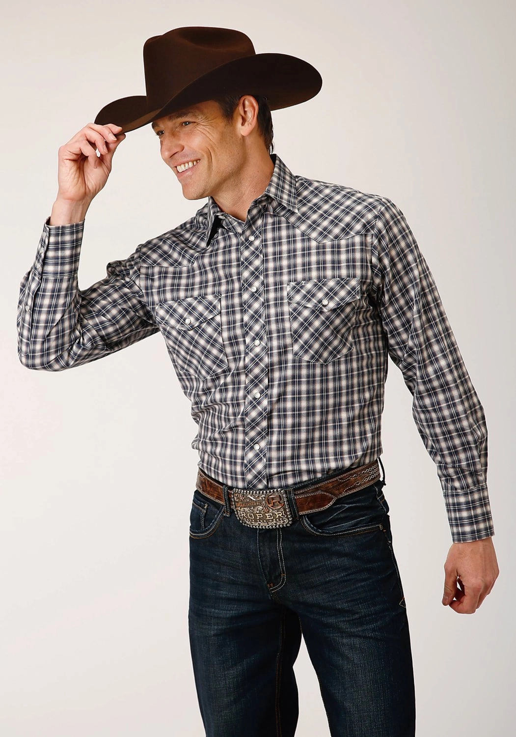 Classic Color Roper Mens Small Scale Plaid Navy/Cream Cotton Blend L/S Shirt
