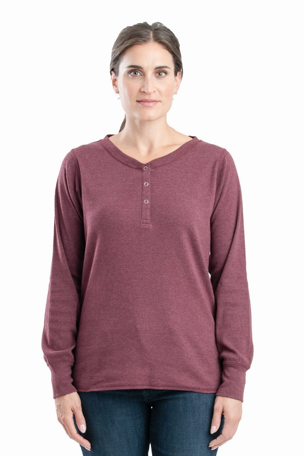 Berne Maroon Cotton Blend Womens Heavyweight Rib Knit Henley L/S Military Inspired Year-Round Wear