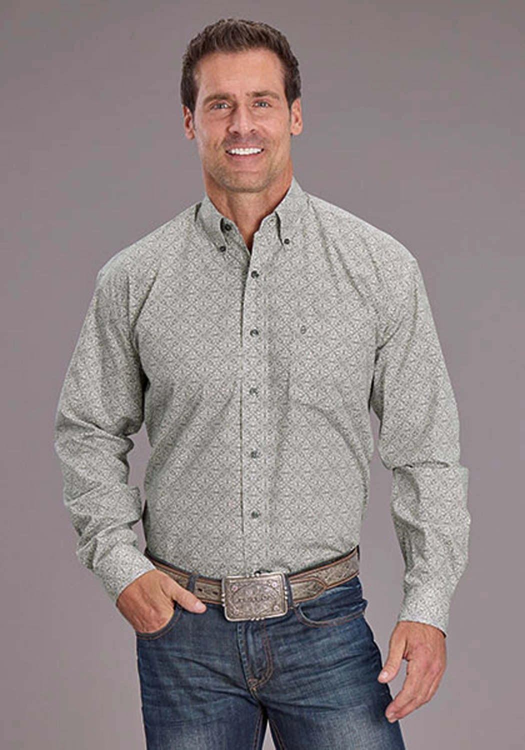 Stetson Mens 2518 Pewter Filigree Grey 100% Cotton 1 Pkt L/S Shirt Black Tie Optional Plus Size