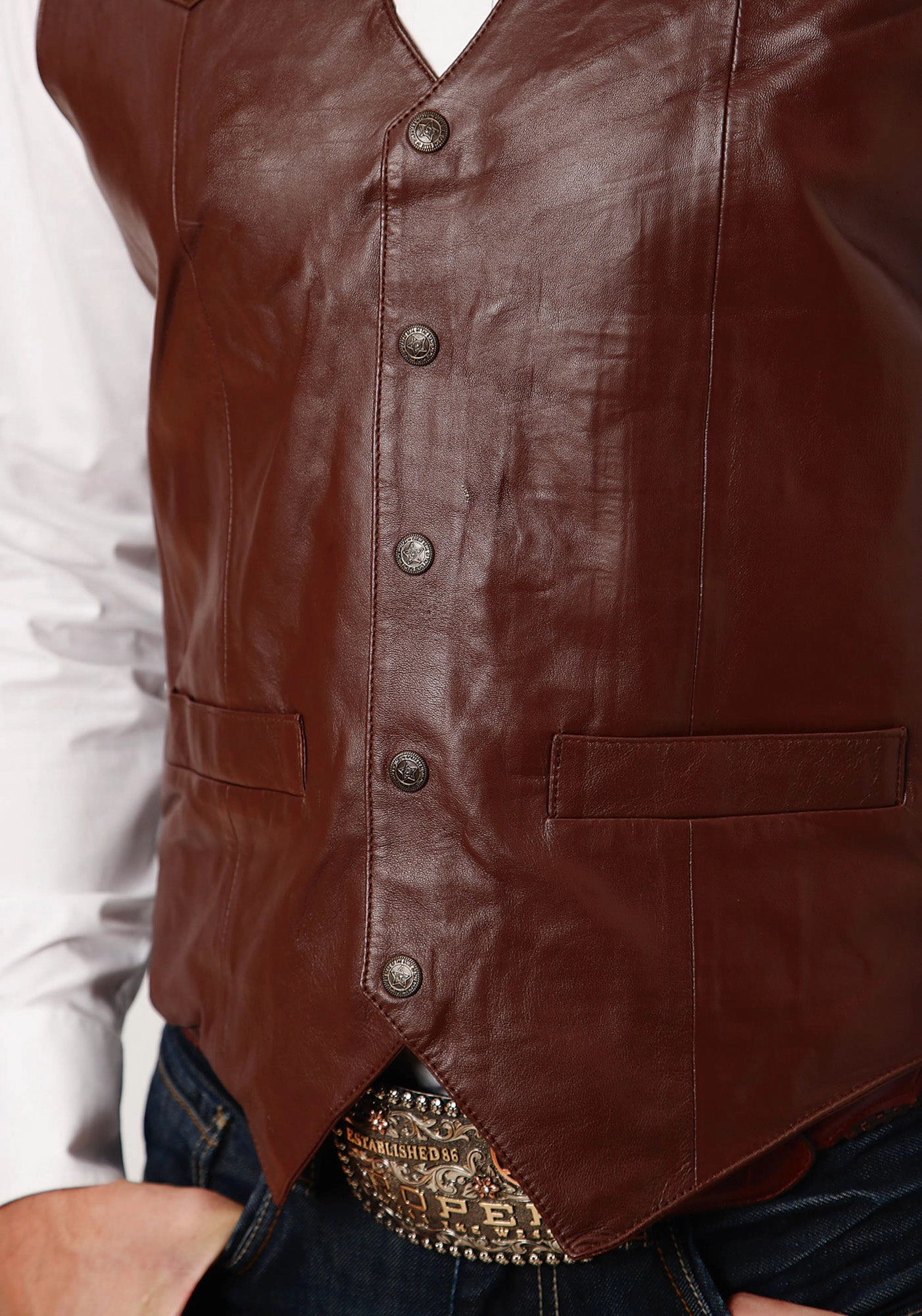 Roper Mens Front Yoke Snaps Dark Brown Lamb Leather Leather Vest ReinforcedEdging Unisex Casual Fit