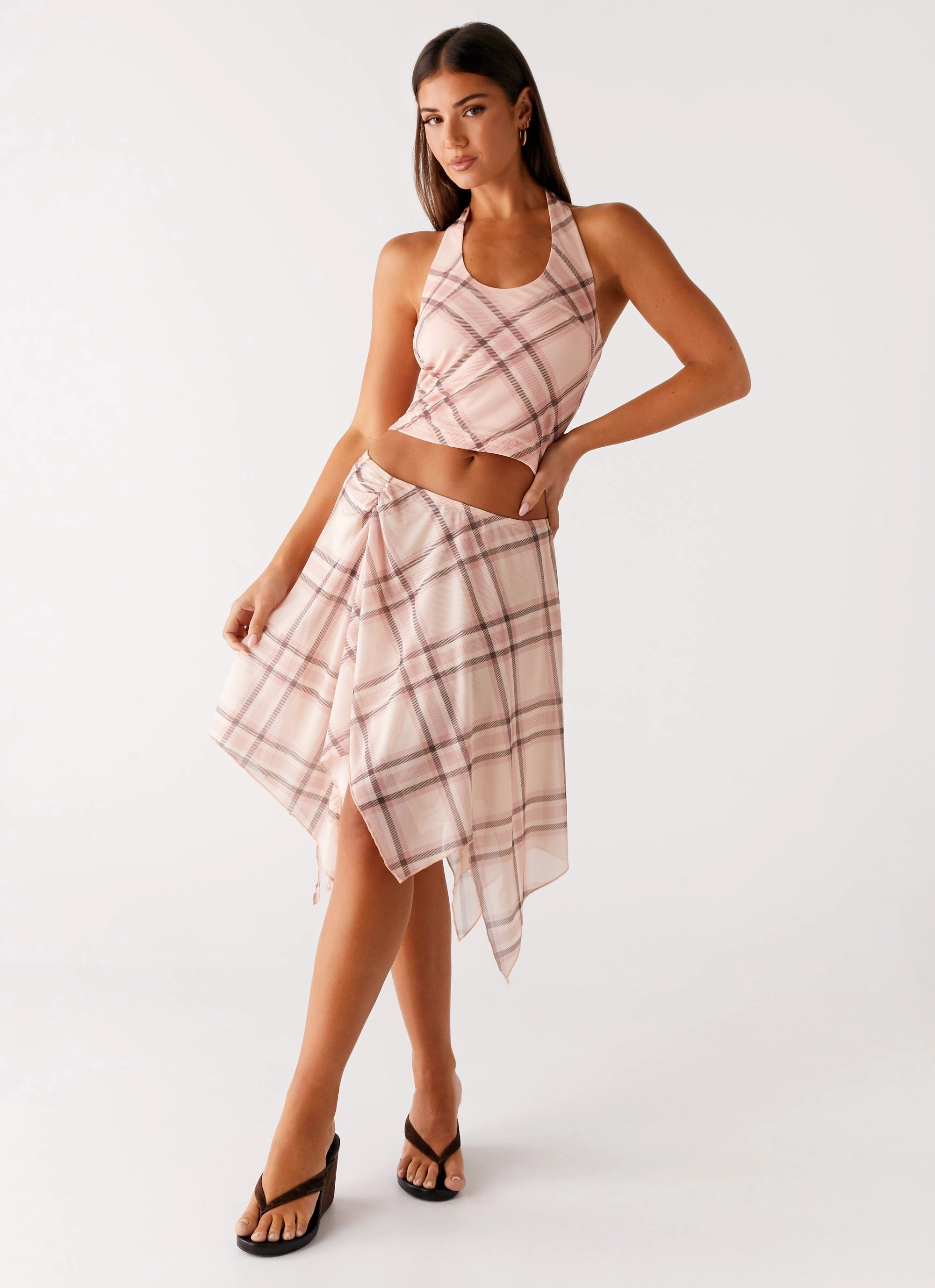 Flexible Material Fit Check Midi Skirt - Pink Check