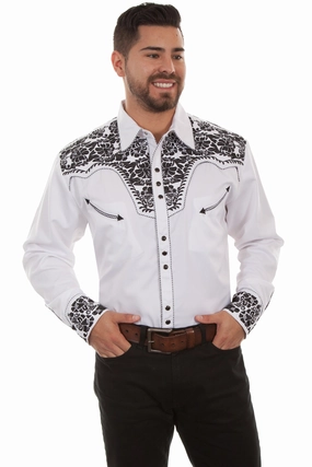 Scully Mens White/Black Poly/Rayon Tooled Floral L/S Shirt M wrinkle free