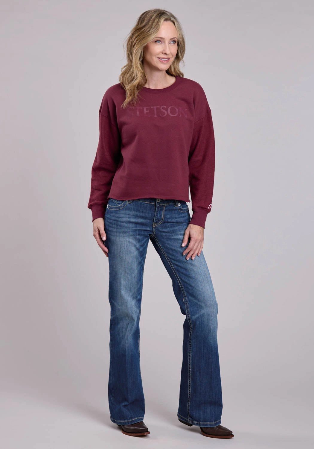 Stetson Womens Mid Length Crew Maroon Cotton Blend Sweatshirt Eco Friendly Coatings Office Wear