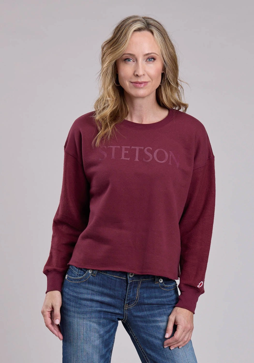 Stetson Womens Mid Length Crew Maroon Cotton Blend Sweatshirt Smooth Zipper Track