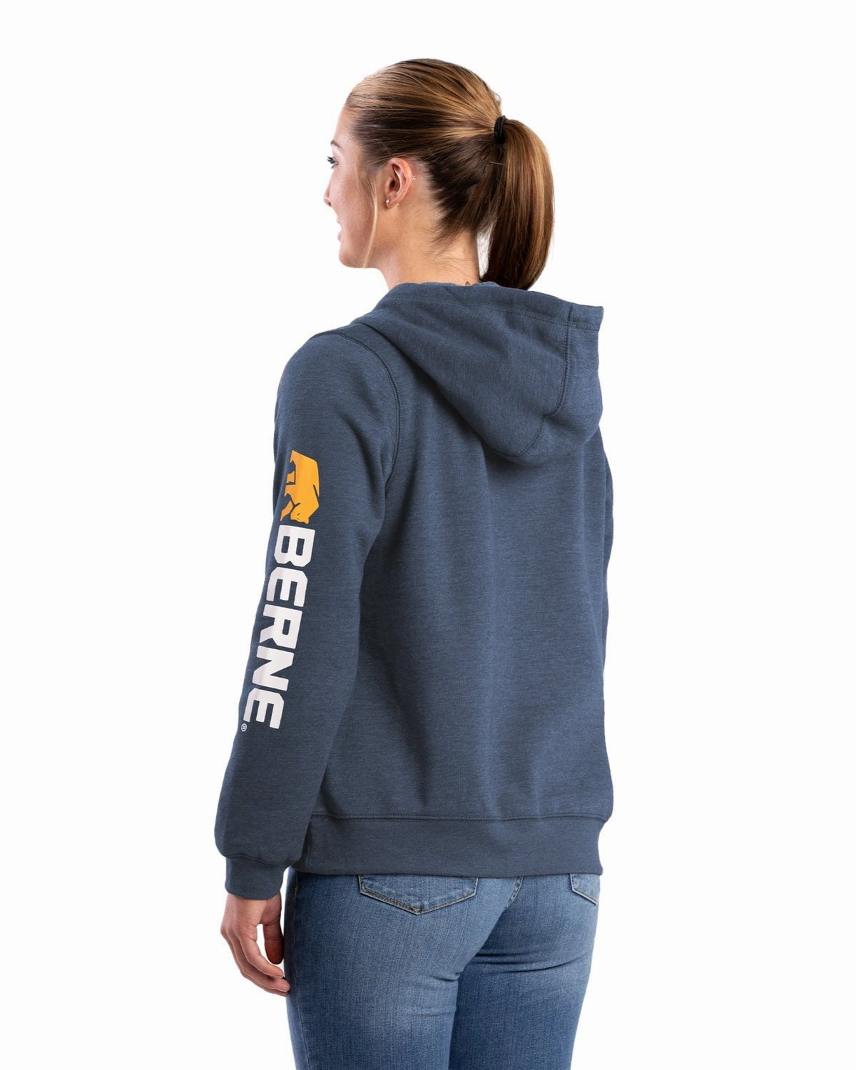 Berne Womens Signature Sleeve Pullover Steel Blue Cotton Blend Hoodie Reinforced Hems