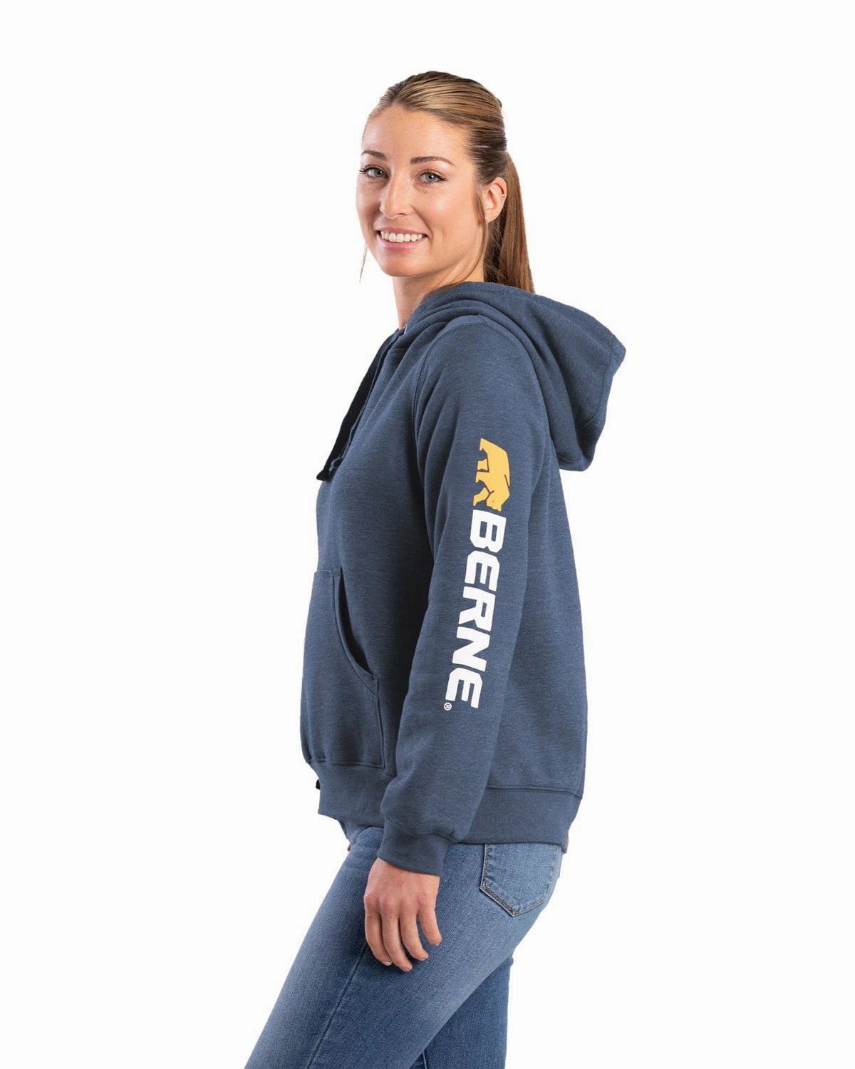 Berne Womens Signature Sleeve Pullover Steel Blue Cotton Blend Hoodie Thermal Insulation DoubleLayeredEdges