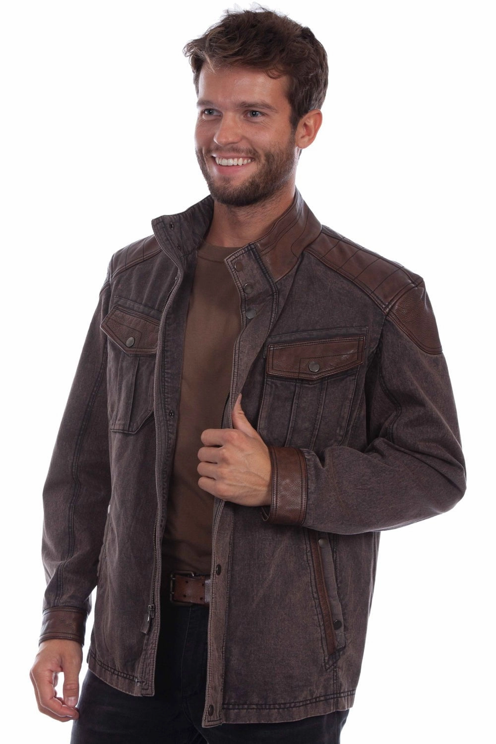 Scully Mens Cozy Canvas Chocolate Leather Leather Jacket Wind Resistant Lining Stretch Cloth