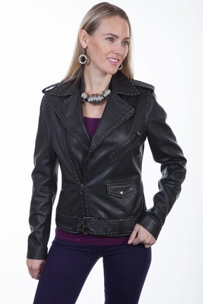 Functional Fit Scully Womens Black Lamb Studded Moto Jacket