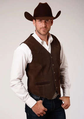 Roper Mens Antique Brass Front Yokes Brown Suede Leather Vest Sleek Style Seam Sealed