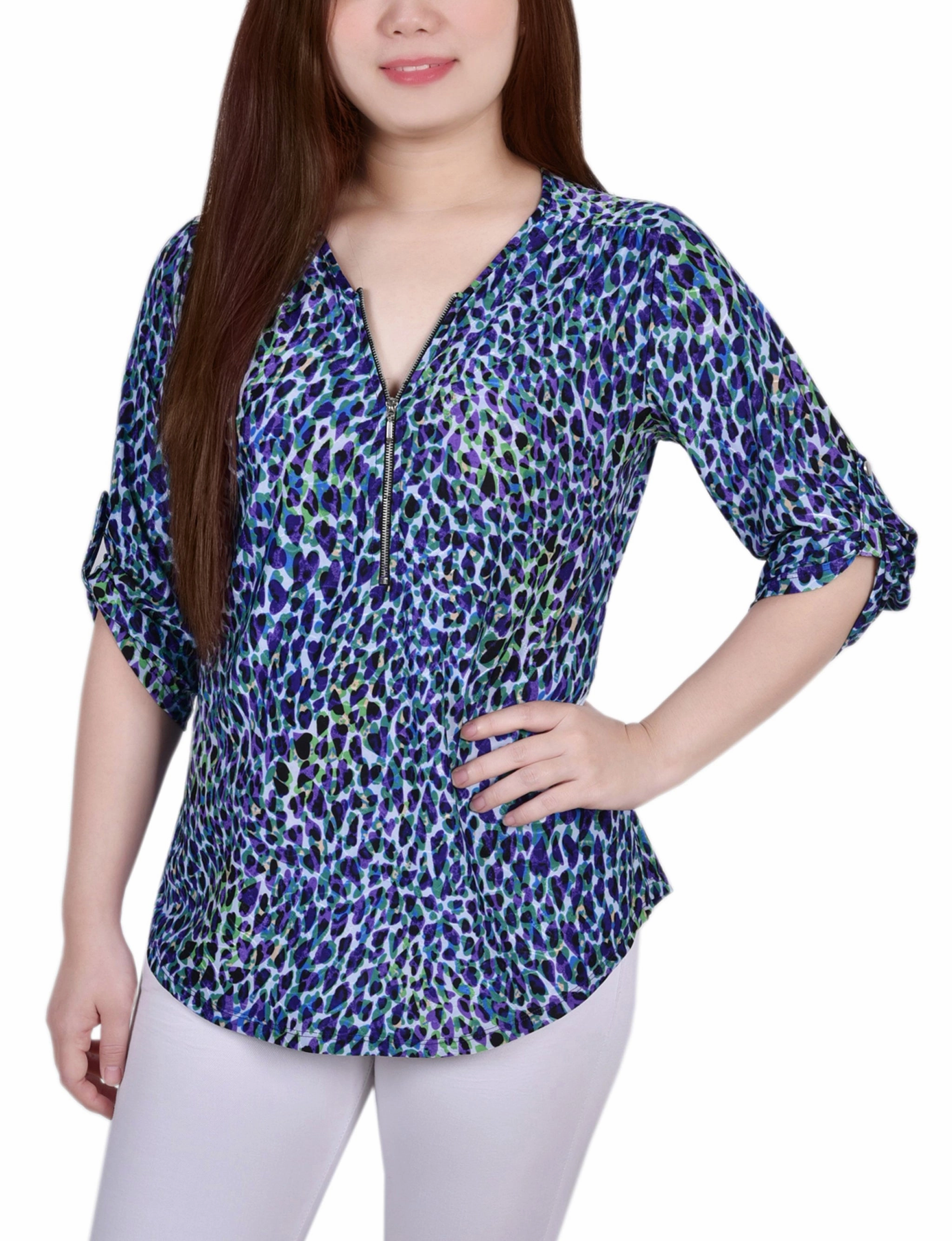 PolishedFinish 3/4 Roll Tab Zip Front Jacquard Knit Top