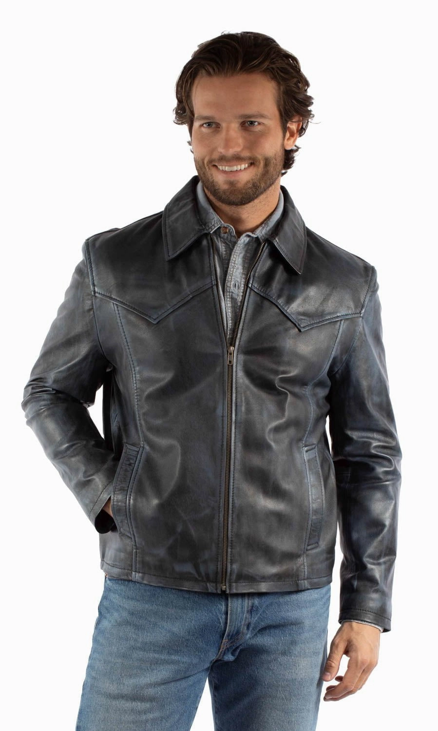 Weatherproof Zipper Tech Structured Casual Fit Scully Mens Vintage Distressed Rugged Navy Leather Leather Jacket