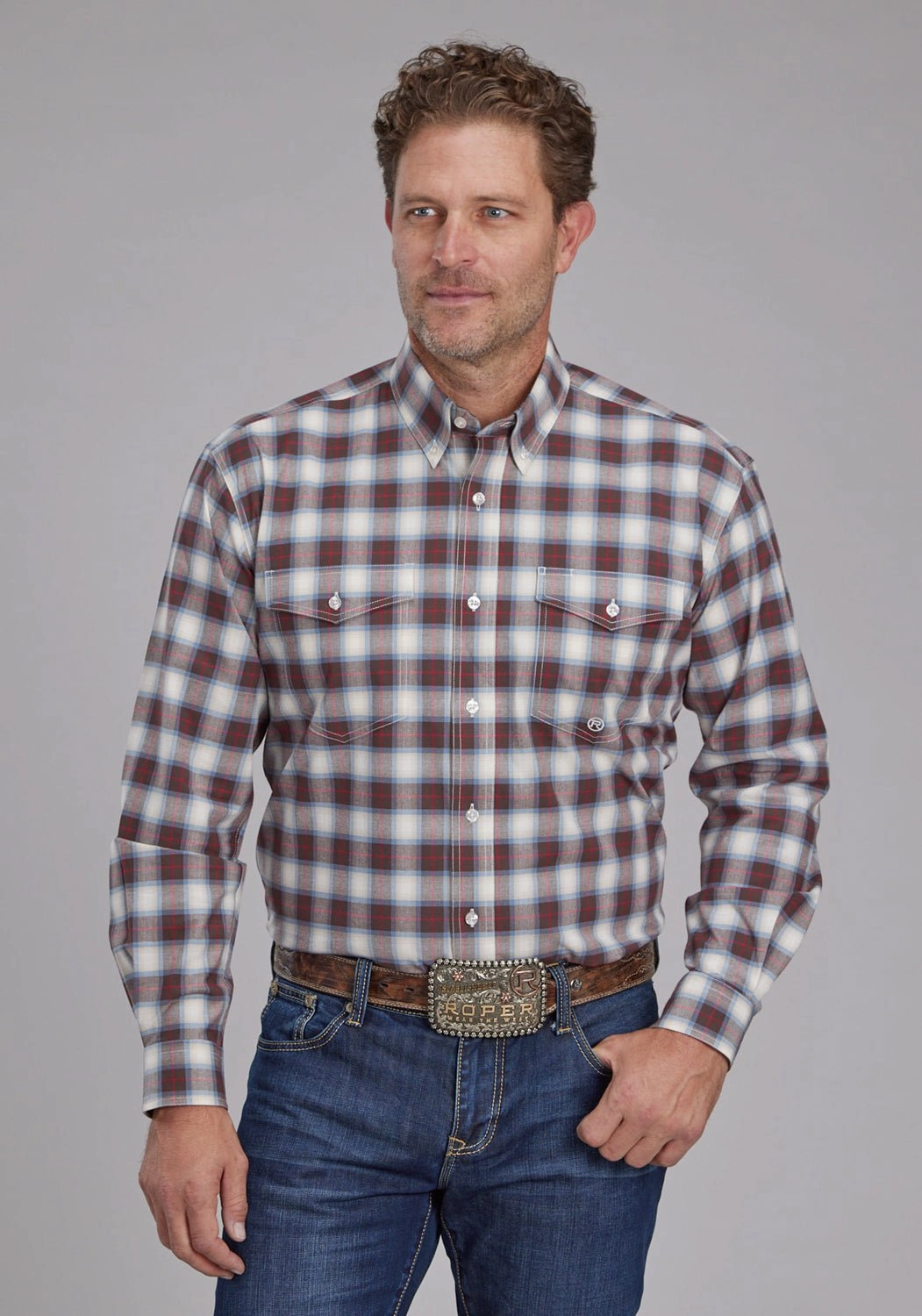 Country Charm networking event Roper Mens 2164 Stretch Plaid Brown Cotton Blend Btn L/S Shirt