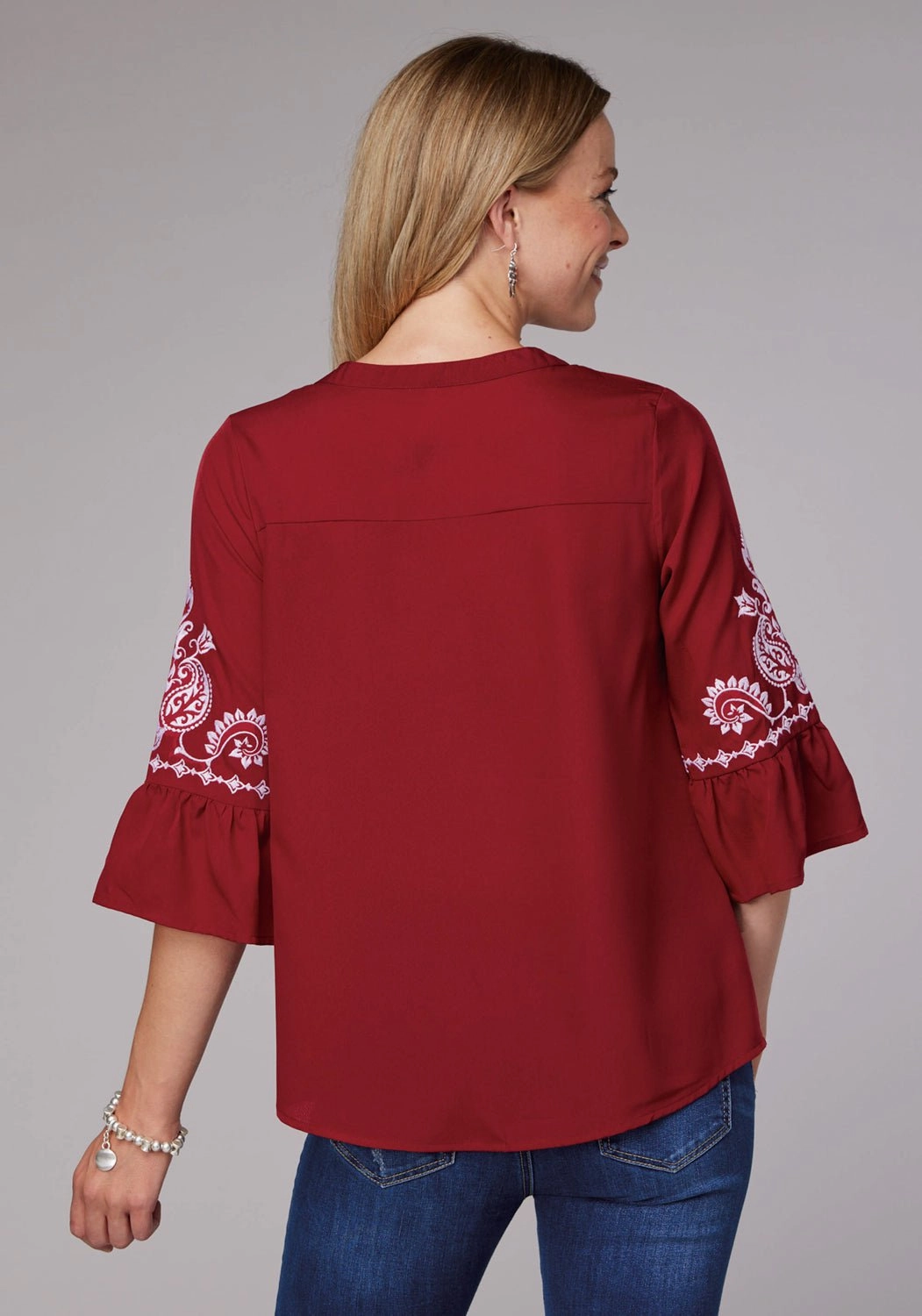 Roper Womens Bell Sleeve Pullover Red 100% Polyester S/S Blouse Classic Look