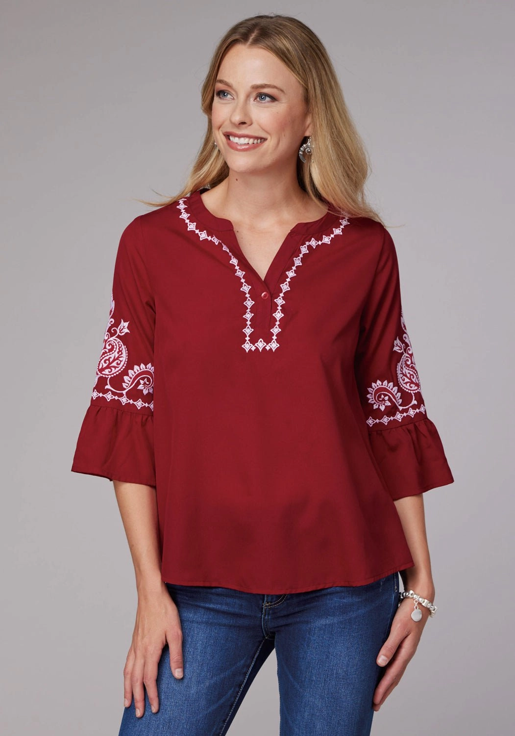 Roper Womens Bell Sleeve Pullover Red 100% Polyester S/S Blouse Sports Ready