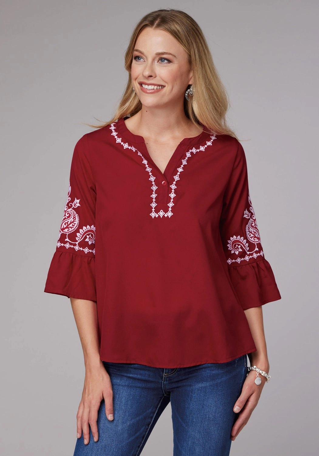 Roper Womens Bell Sleeve Pullover Red 100% Polyester S/S Blouse Practical Choice Anti Pill Treatment
