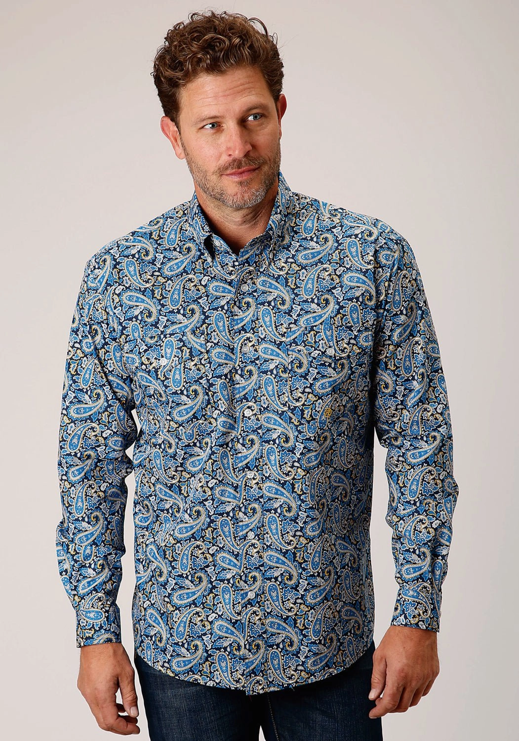 Urban Trend Roper Mens Amarillo Paisley Blue 100% Cotton L/S Shirt
