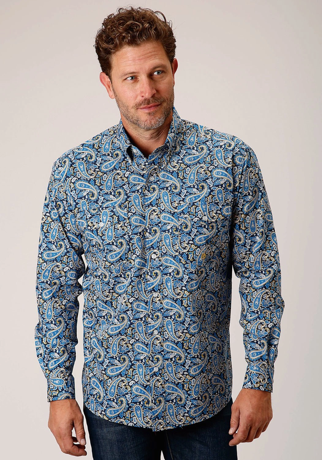 Warm Insulation Sustainable Dye Process Roper Mens Amarillo Paisley Blue 100% Cotton L/S Shirt