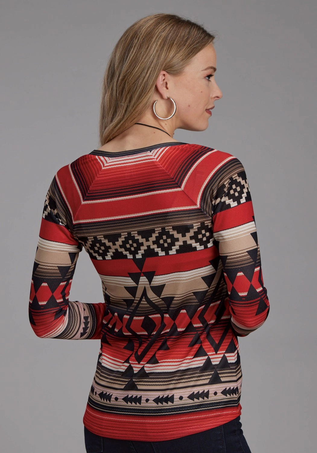 Roper Womens Aztec Sublimation Red/Black Polyester L/S Tunic Bold Pattern Autumn Look