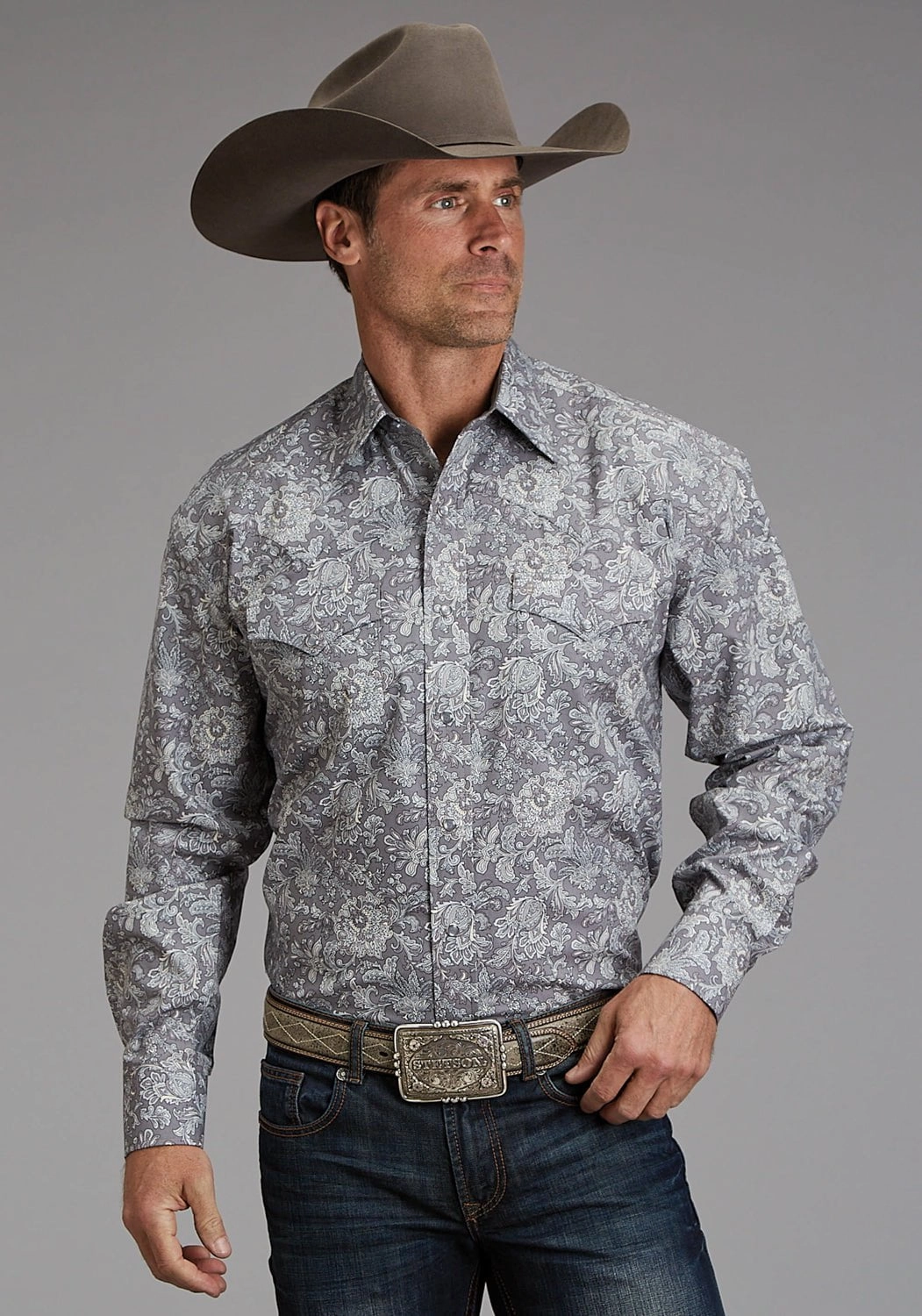 Creative Professional Flexible Mobility Stetson Mens Silver Spring Paisley Grey 100% Cotton L/S Shirt