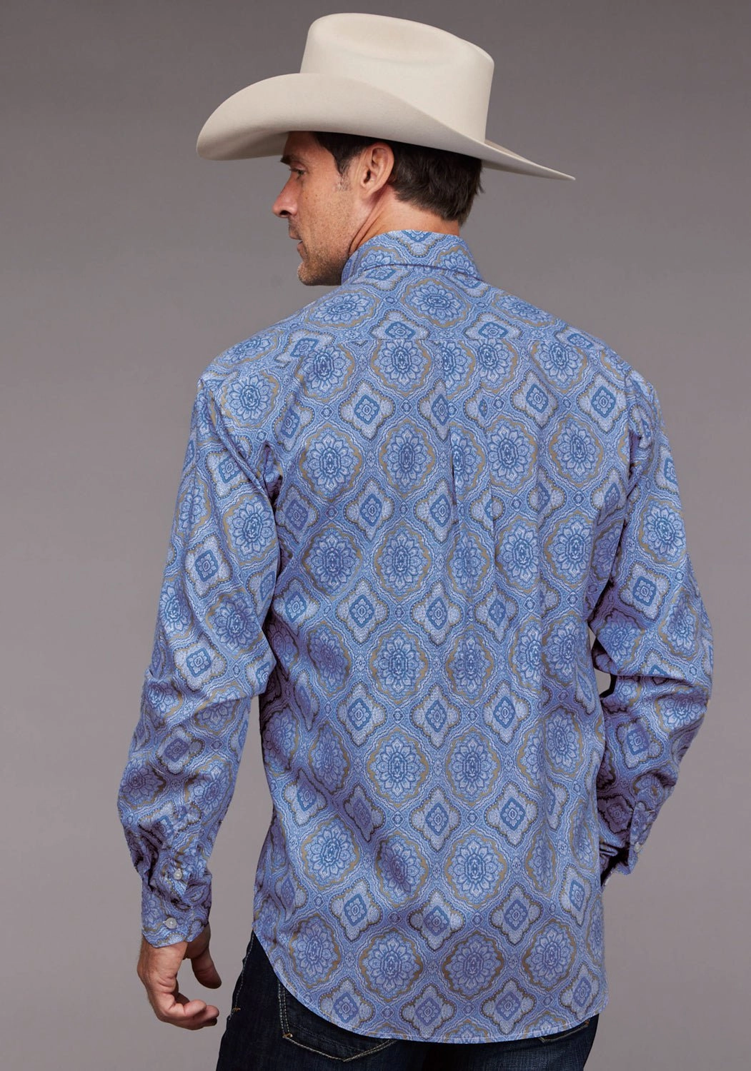 Non Iron Geometric Pattern Stetson Mens Chambray Medallion Paisley Blue 100% Cotton 1 Pkt L/S Shirt