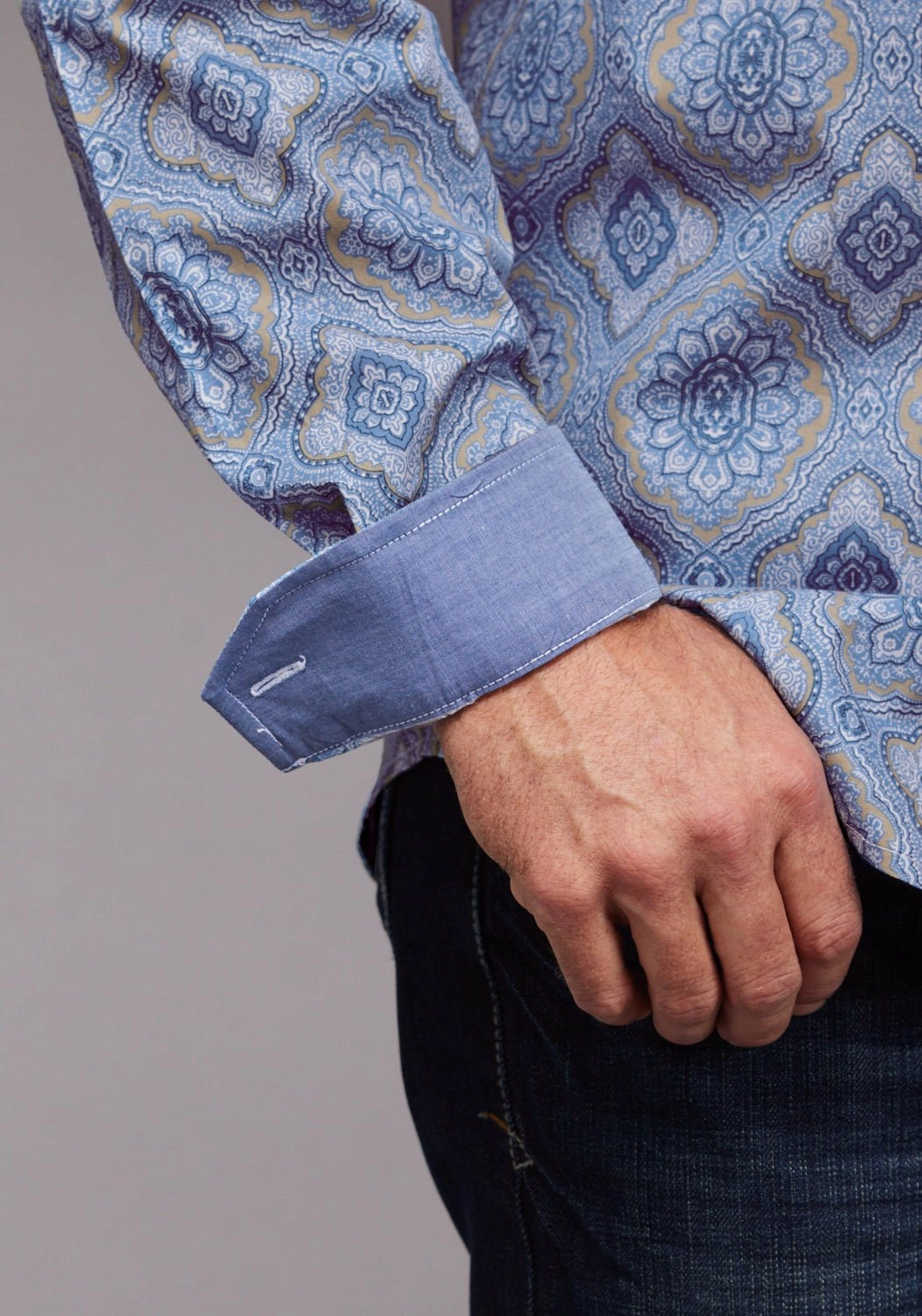 Stetson Mens Chambray Medallion Paisley Blue 100% Cotton 1 Pkt L/S Shirt Unisex style Adjustable Cuffs