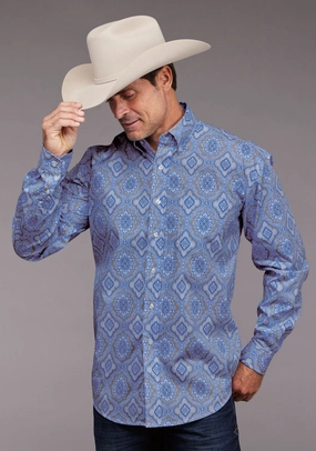 Stylish Design Sustainable Manufacturing Process Stetson Mens Chambray Medallion Paisley Blue 100% Cotton 1 Pkt L/S Shirt