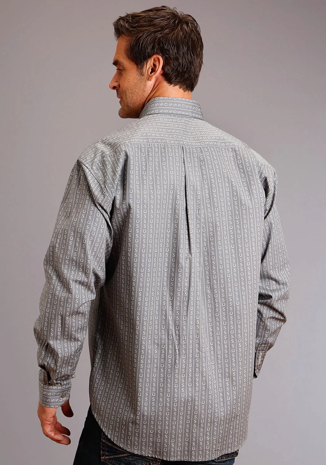 Stetson Mens Grey 100% Cotton Horseshoe Stripe BD L/S Shirt Seamless Shoulder Flex Fit Collar