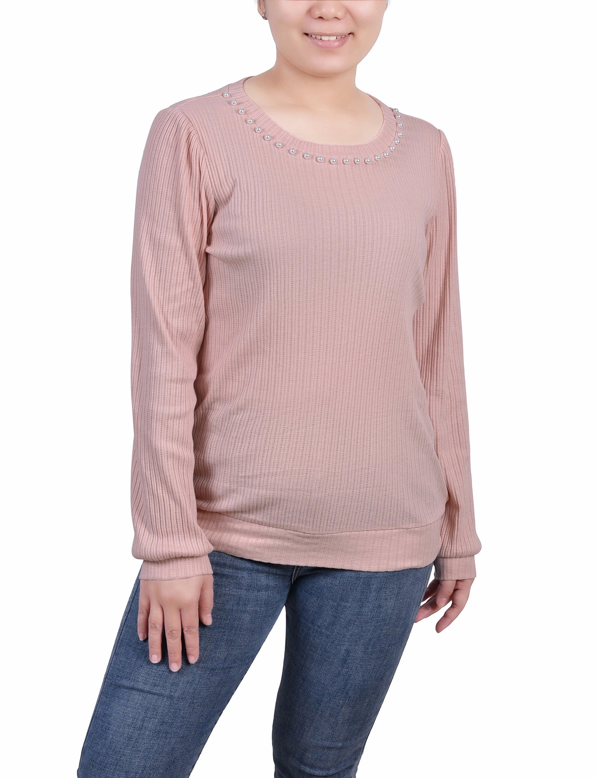 Durable Blend Petite Long Sleeve Ribbed Pearl Trimmed Top