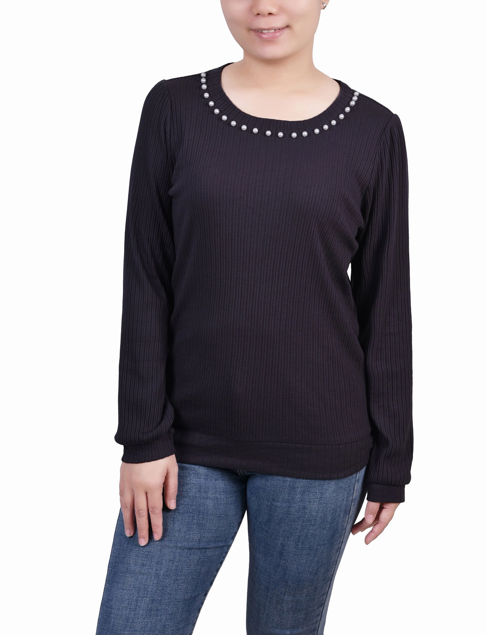 LowMaintenanceMaterial Multi Panel Construction Petite Long Sleeve Ribbed Pearl Trimmed Top
