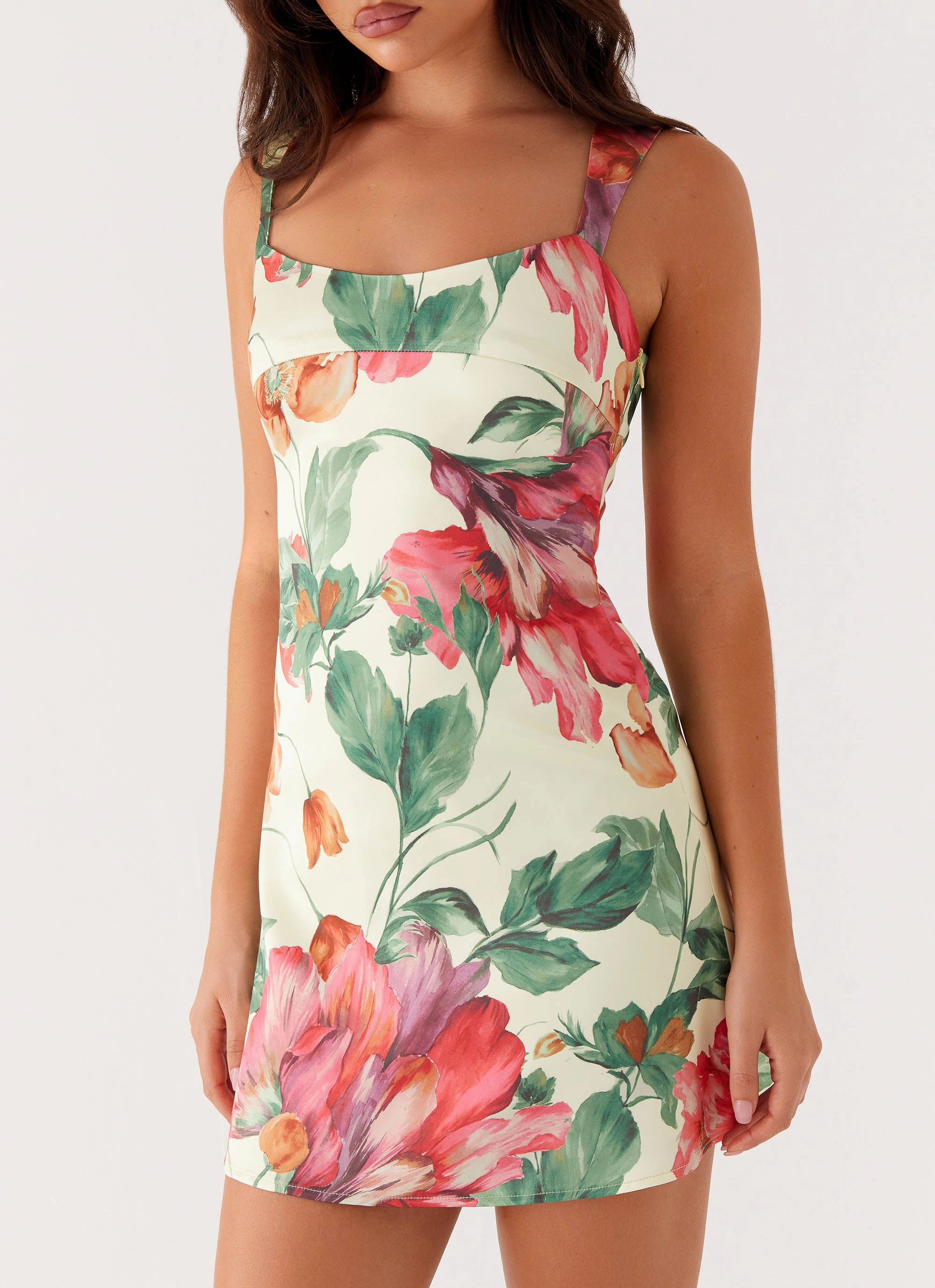 Odette Satin Mini Dress - Yellow Floral Designer Inspired