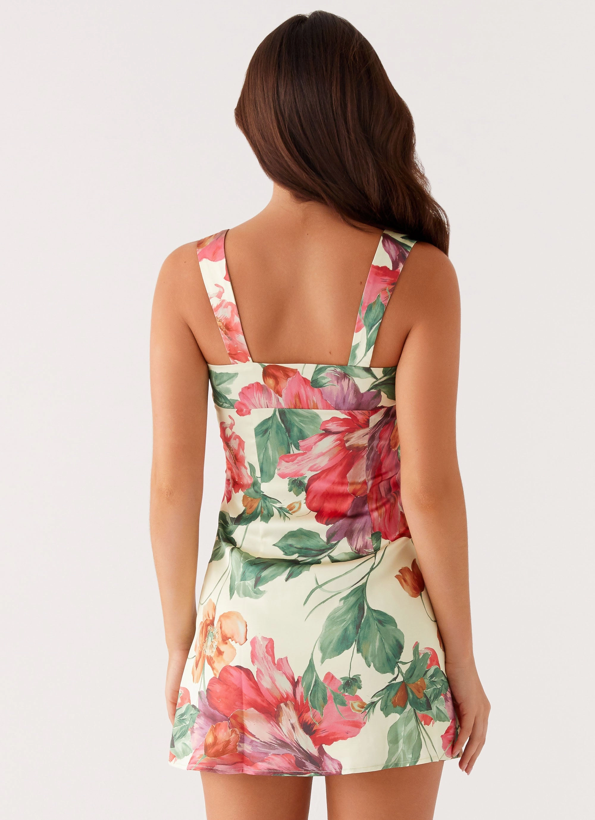 Odette Satin Mini Dress - Yellow Floral Solid Color