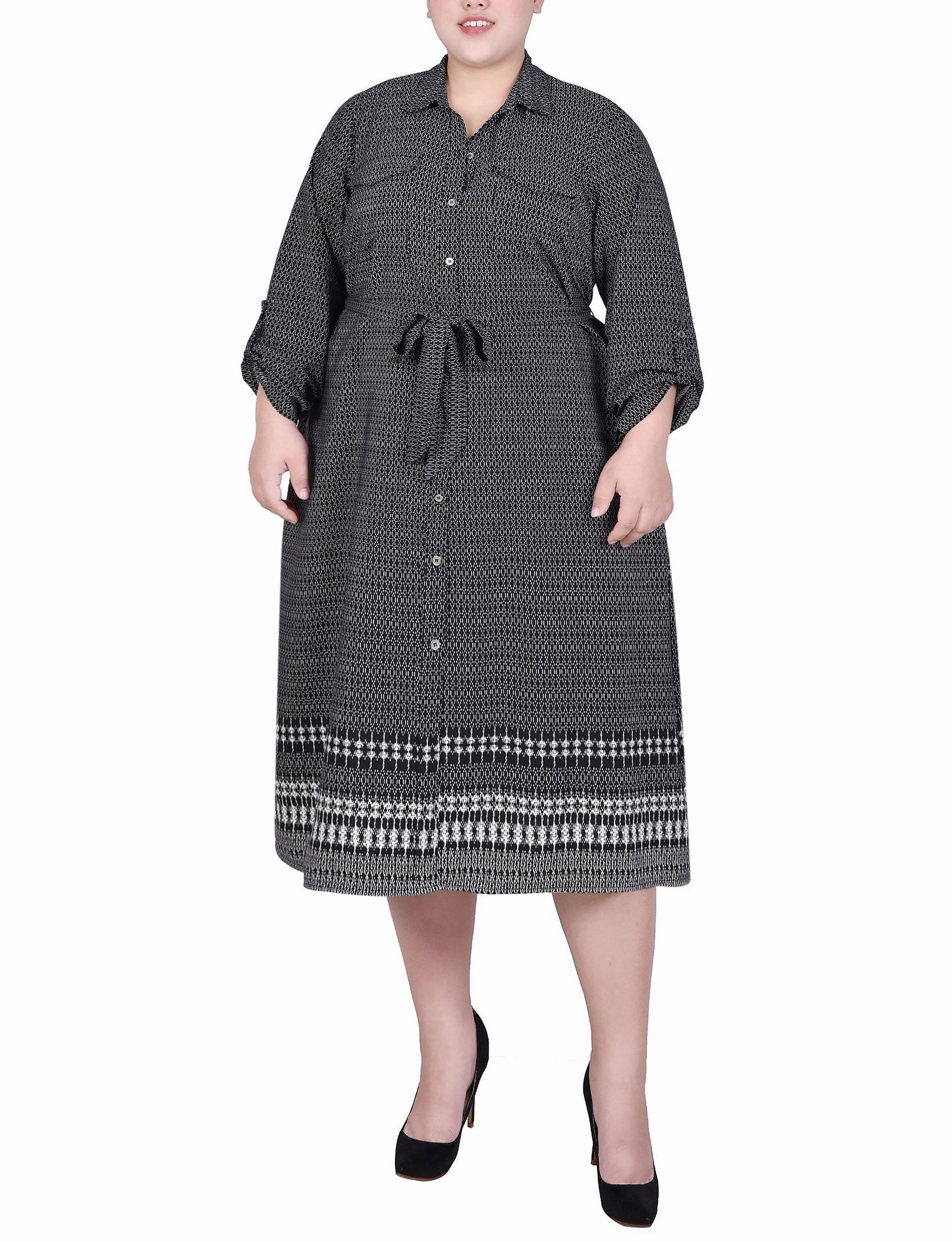 Plus Size 3/4 Roll Tab Sleeve Belted Shirtdress Chic Tailoring