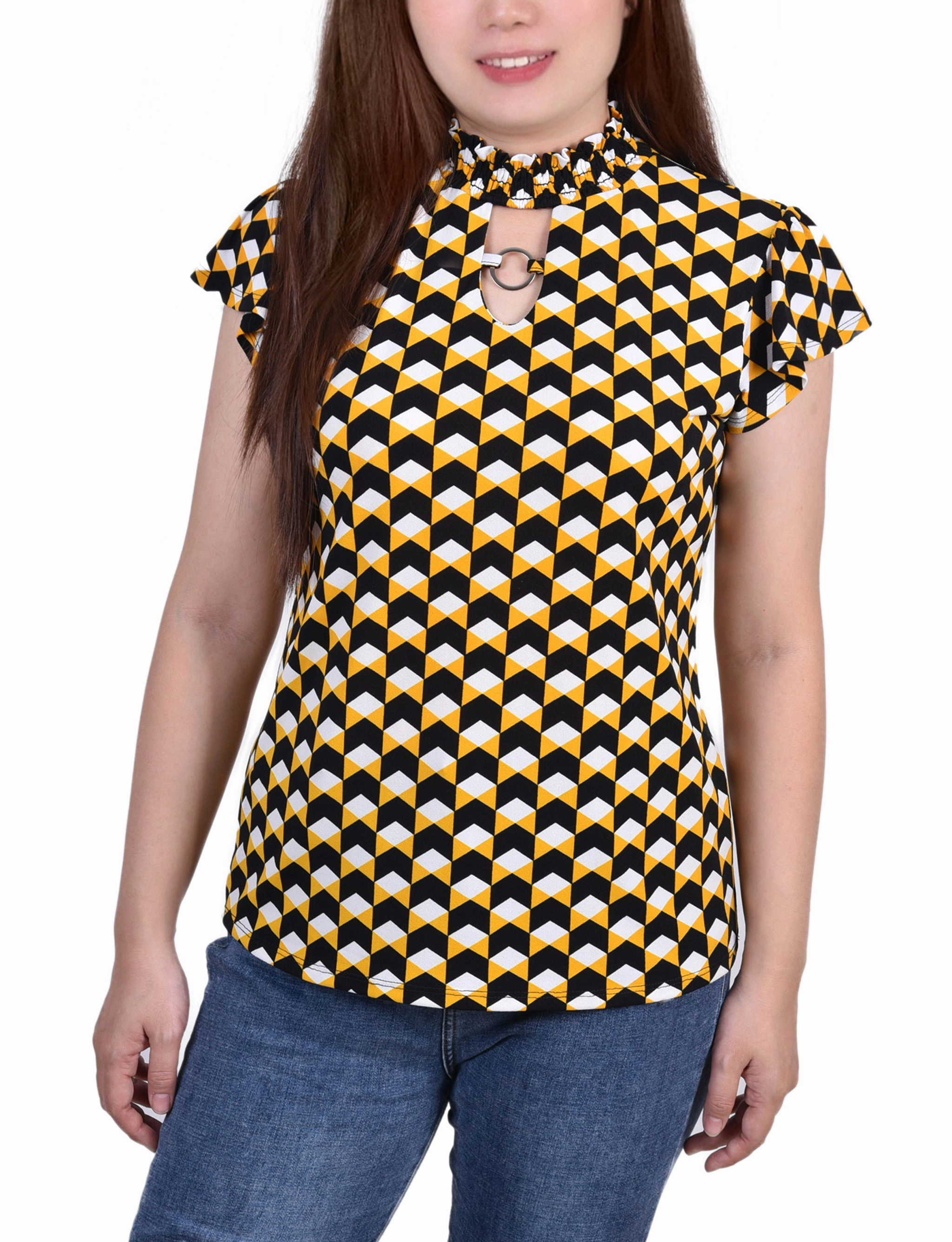 Adaptive Waistband Stylish Tank Petite Short Flutter Sleeve Mock Neck Top