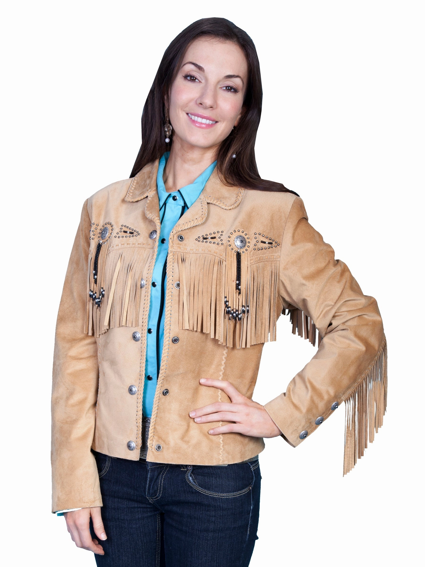 Scully Leather Womens Beaded Fringe Conchos Boar Suede Jacket Old Rust Nylon Cover