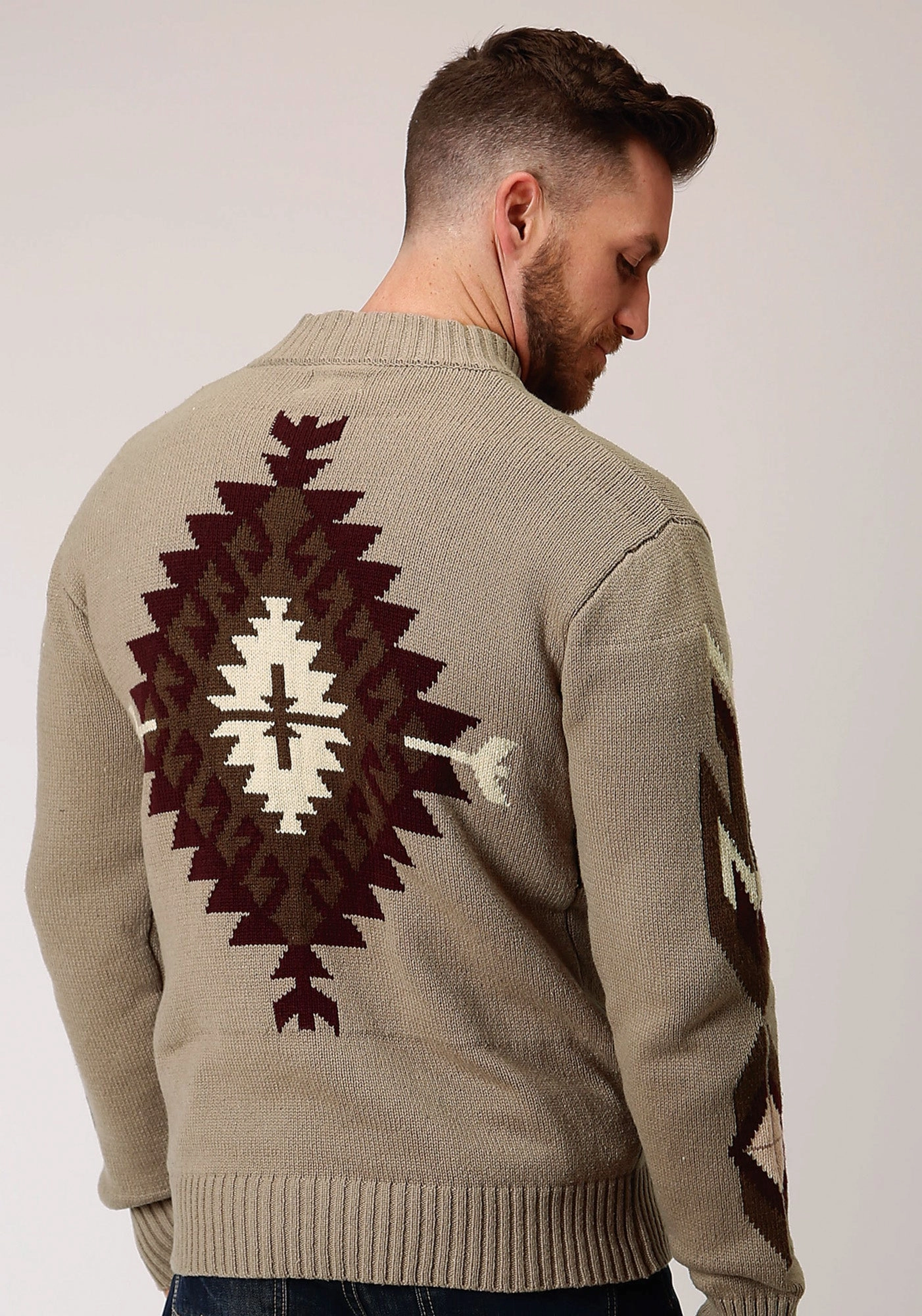 Stetson Mens Brown/Tan Cotton/Wool Aztec Pattern Cardigan Functional Pocket