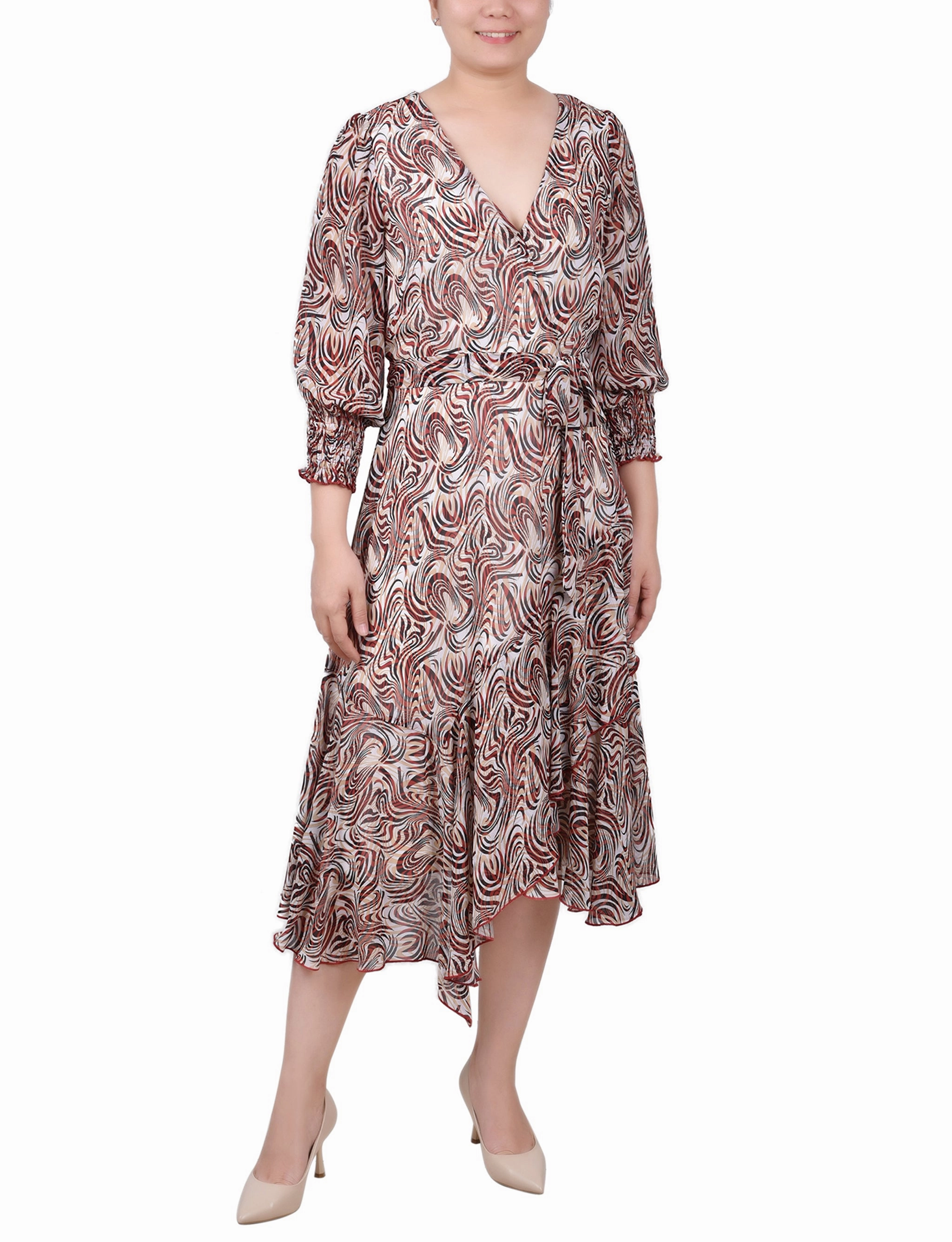 Heritage-Brand 3/4 Sleeve Belted Chiffon Hankerchief Hem Dress