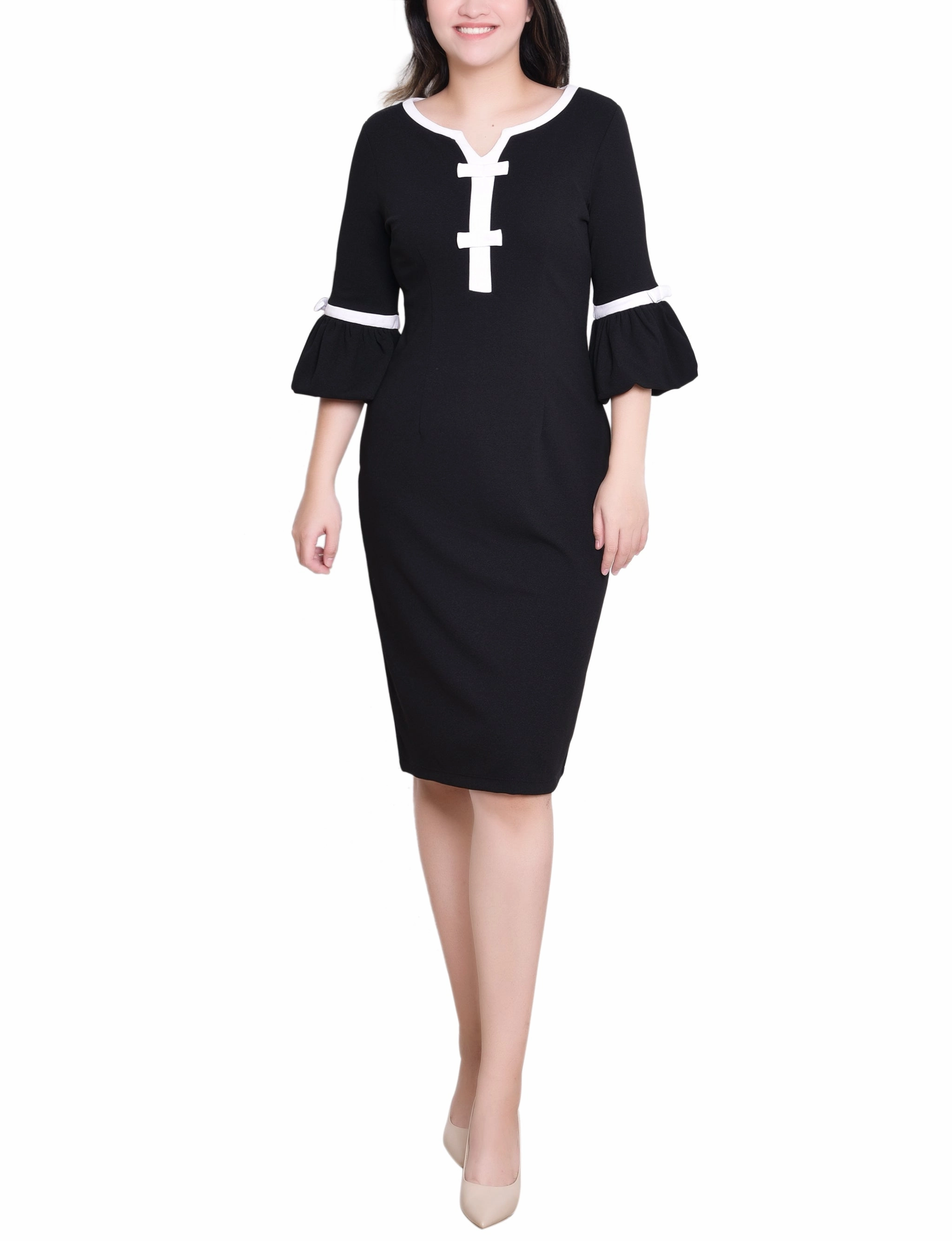 3/4 Sleeve Contrast Detail Dress Flower Soft Seasonal piece