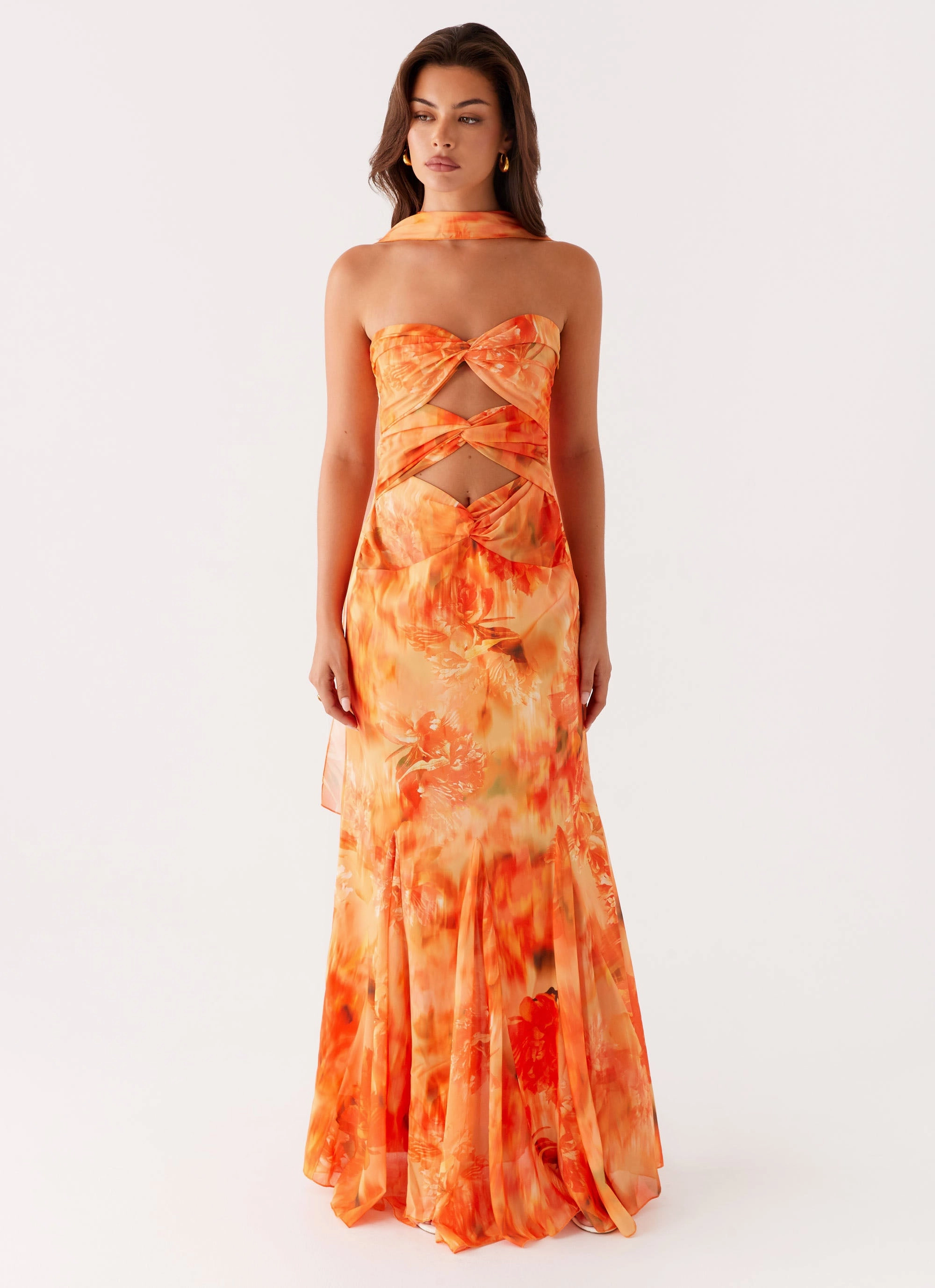Melrose Satin Chiffon Maxi Dress - Sunset Floral Cold Weather