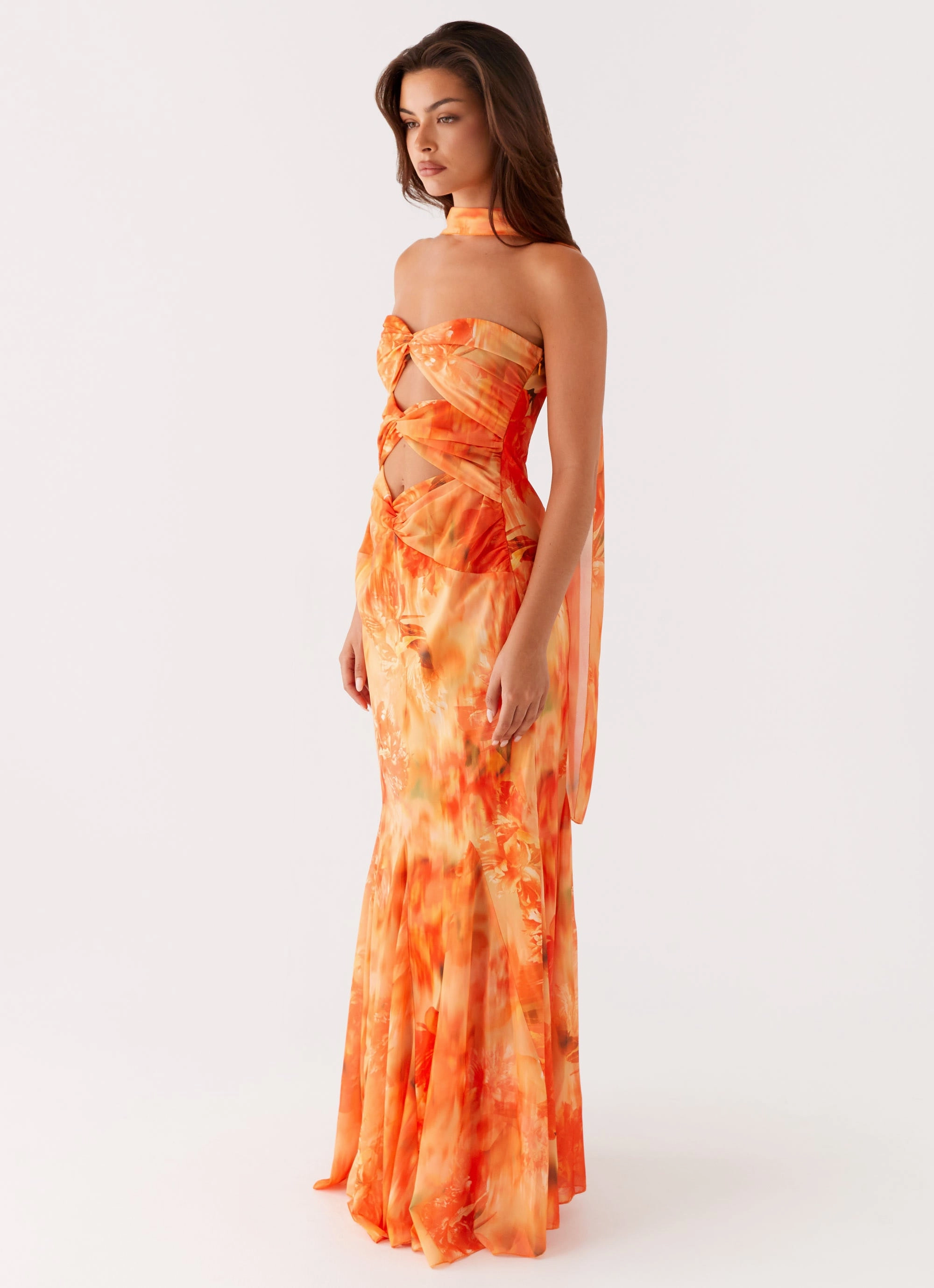Melrose Satin Chiffon Maxi Dress - Sunset Floral Cozy Comfort Essential Coat