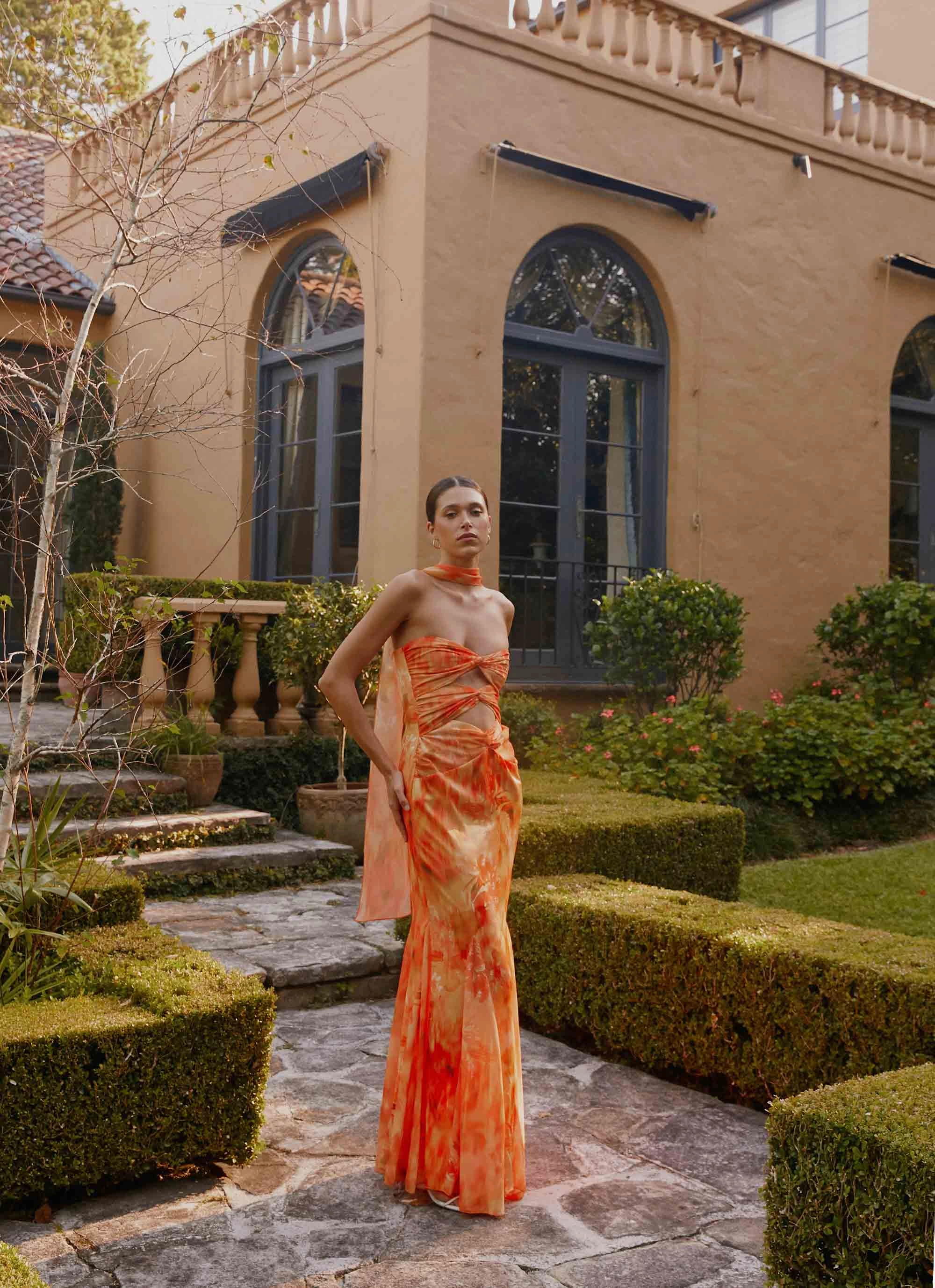 Melrose Satin Chiffon Maxi Dress - Sunset Floral Affordable Fashion