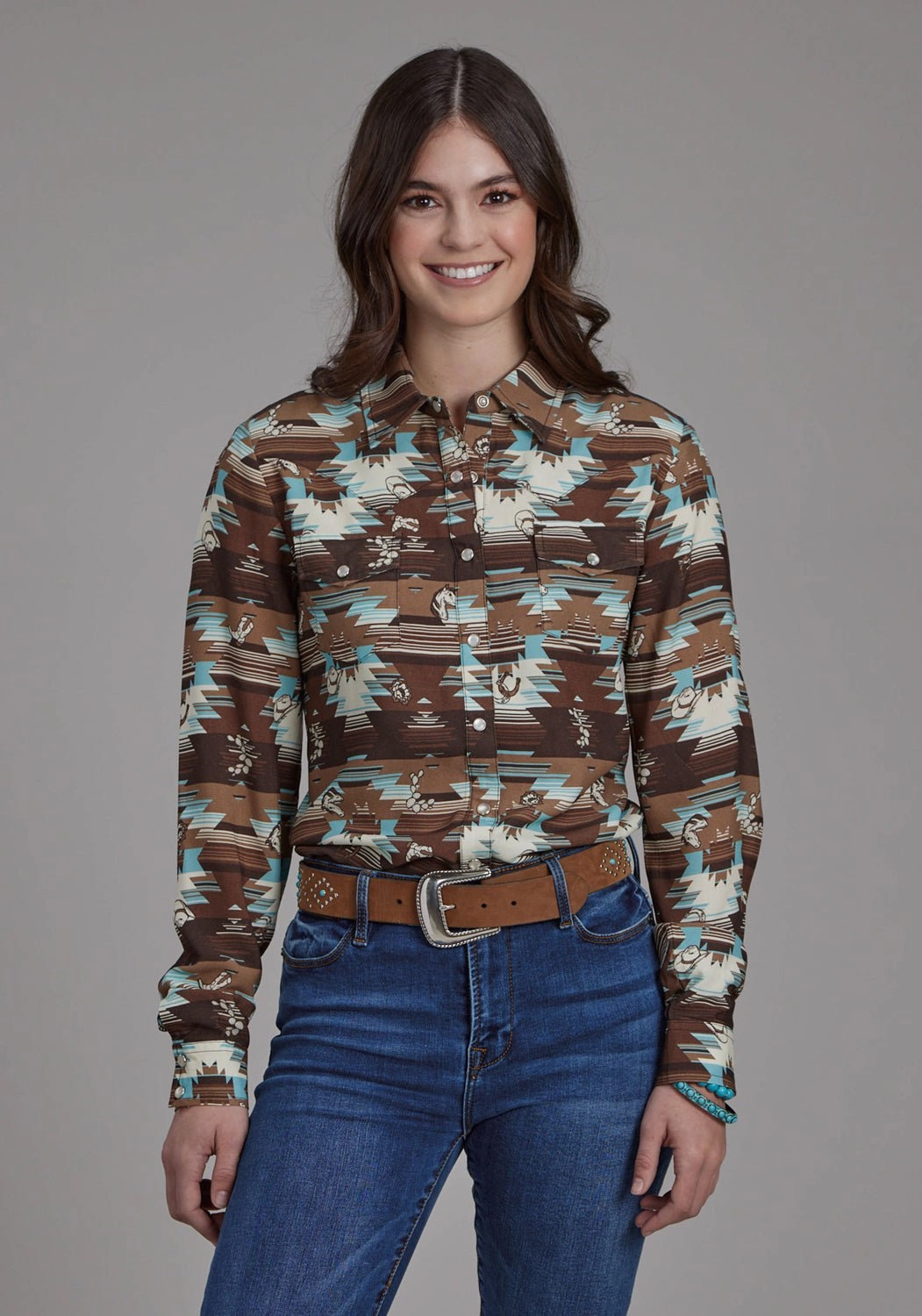 Mesh Insert Military Inspired Roper Womens 2201 Icon Aztec Brown Multi 100% Rayon L/S Blouse