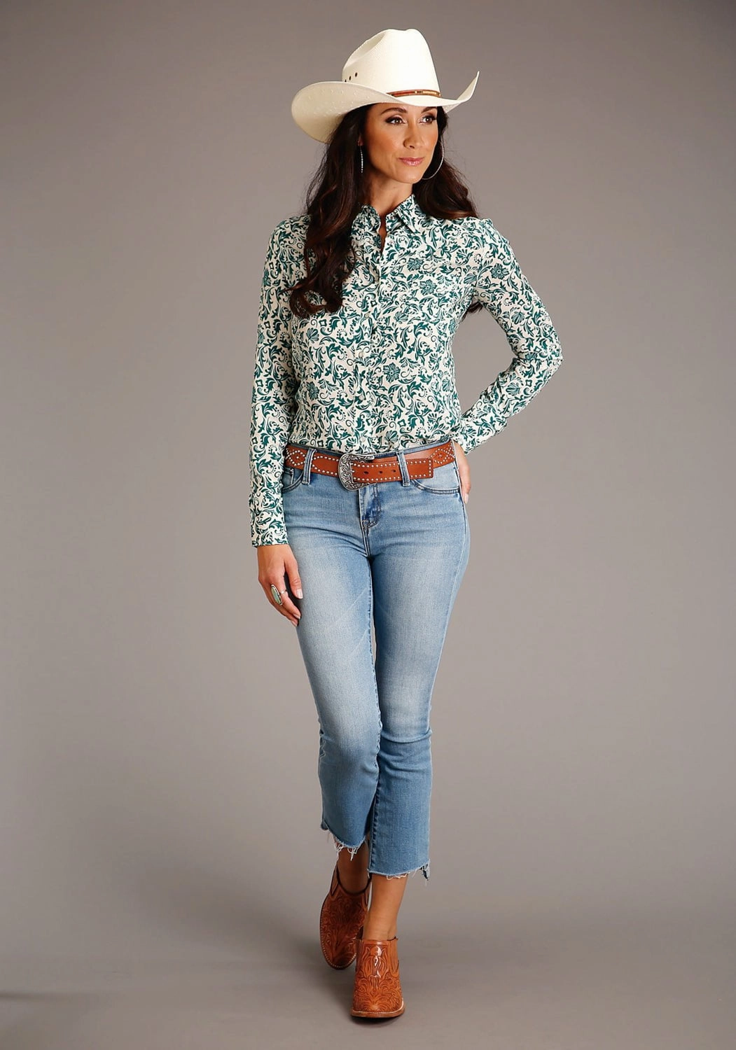 Stetson Womens Floral Print Jade 100% Rayon L/S Shirt Flexible Shoulder Panels