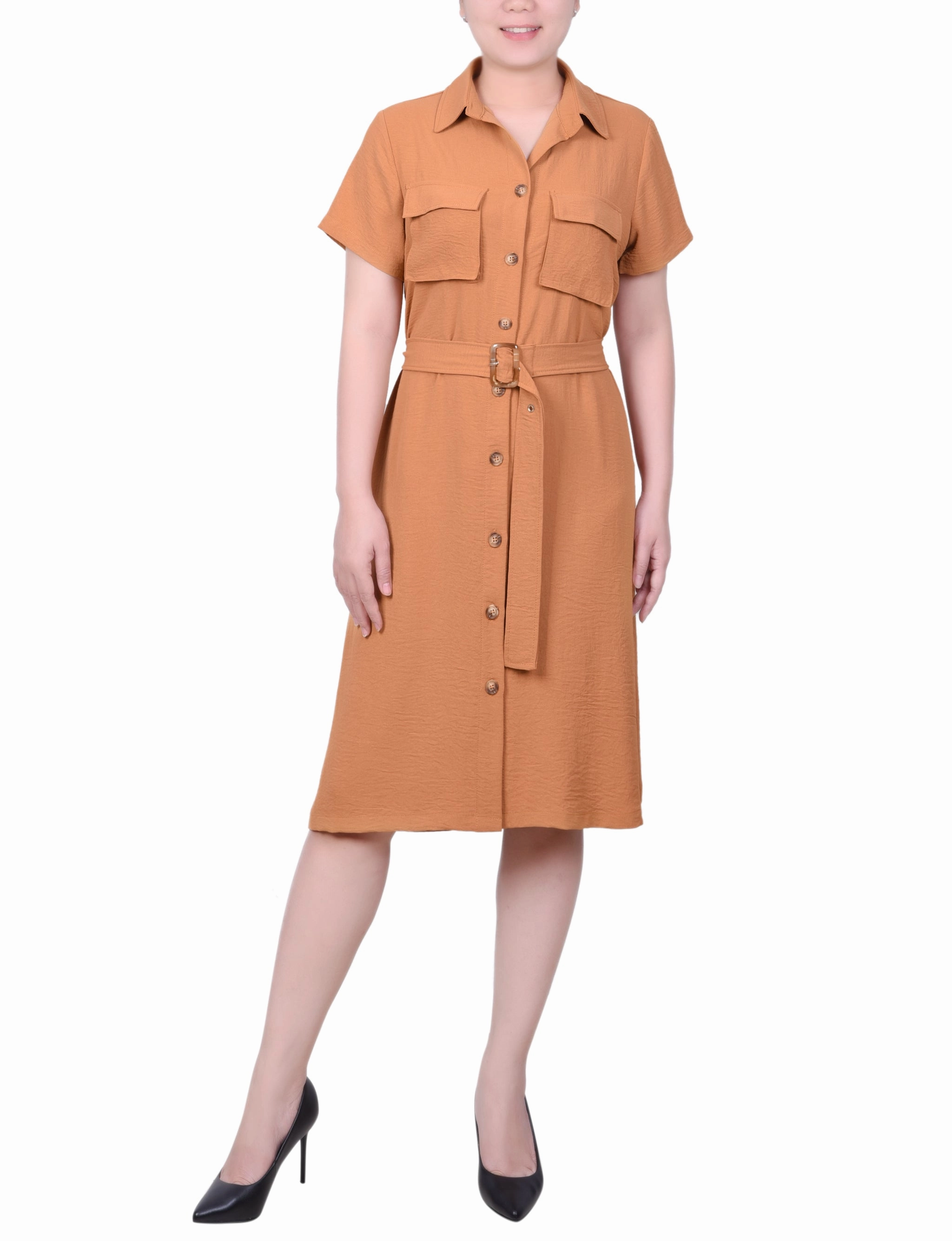 Life Soft Petite Short Sleeve Belted Shirtdress