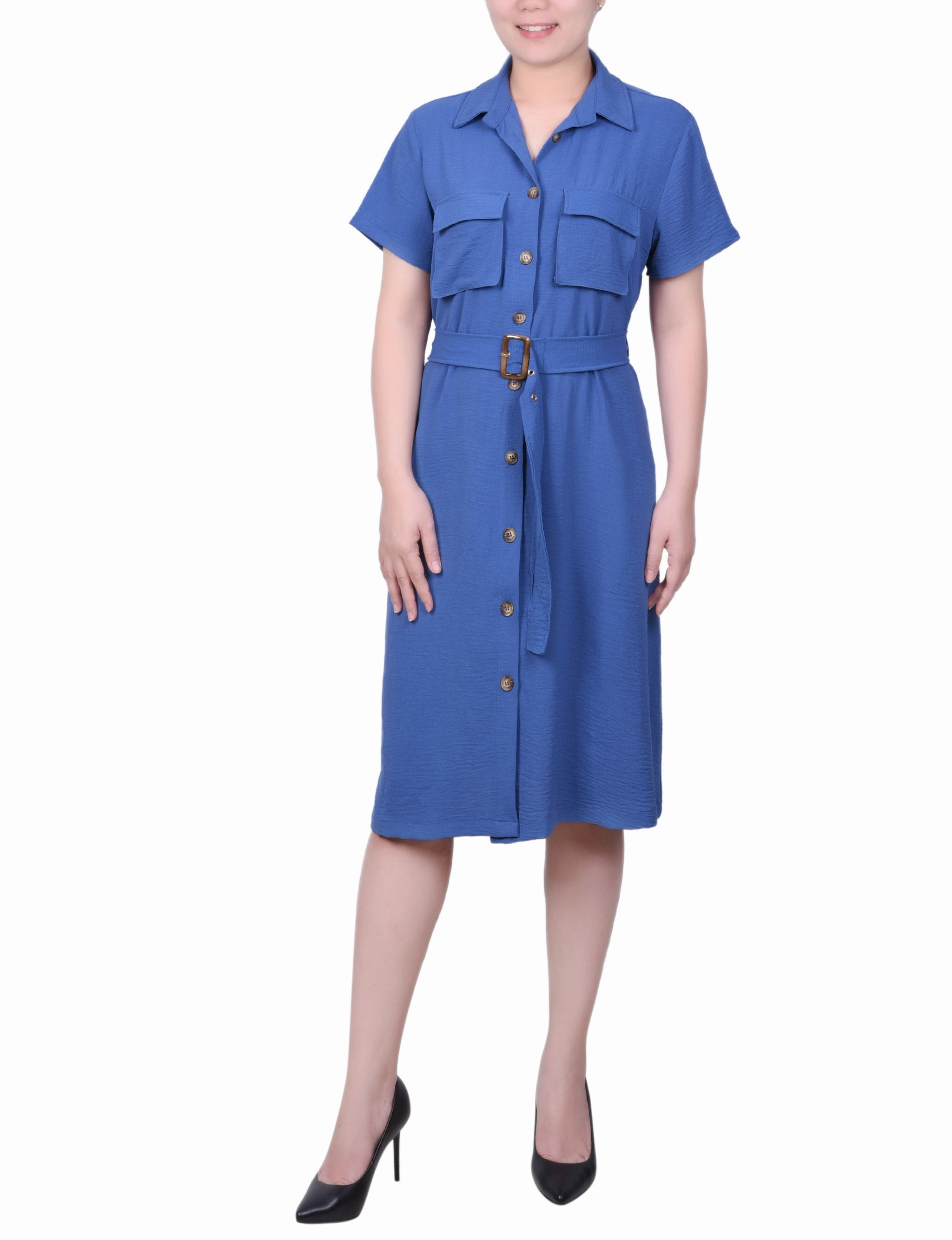 Petite Short Sleeve Belted Shirtdress Silky Layer Cool Movement