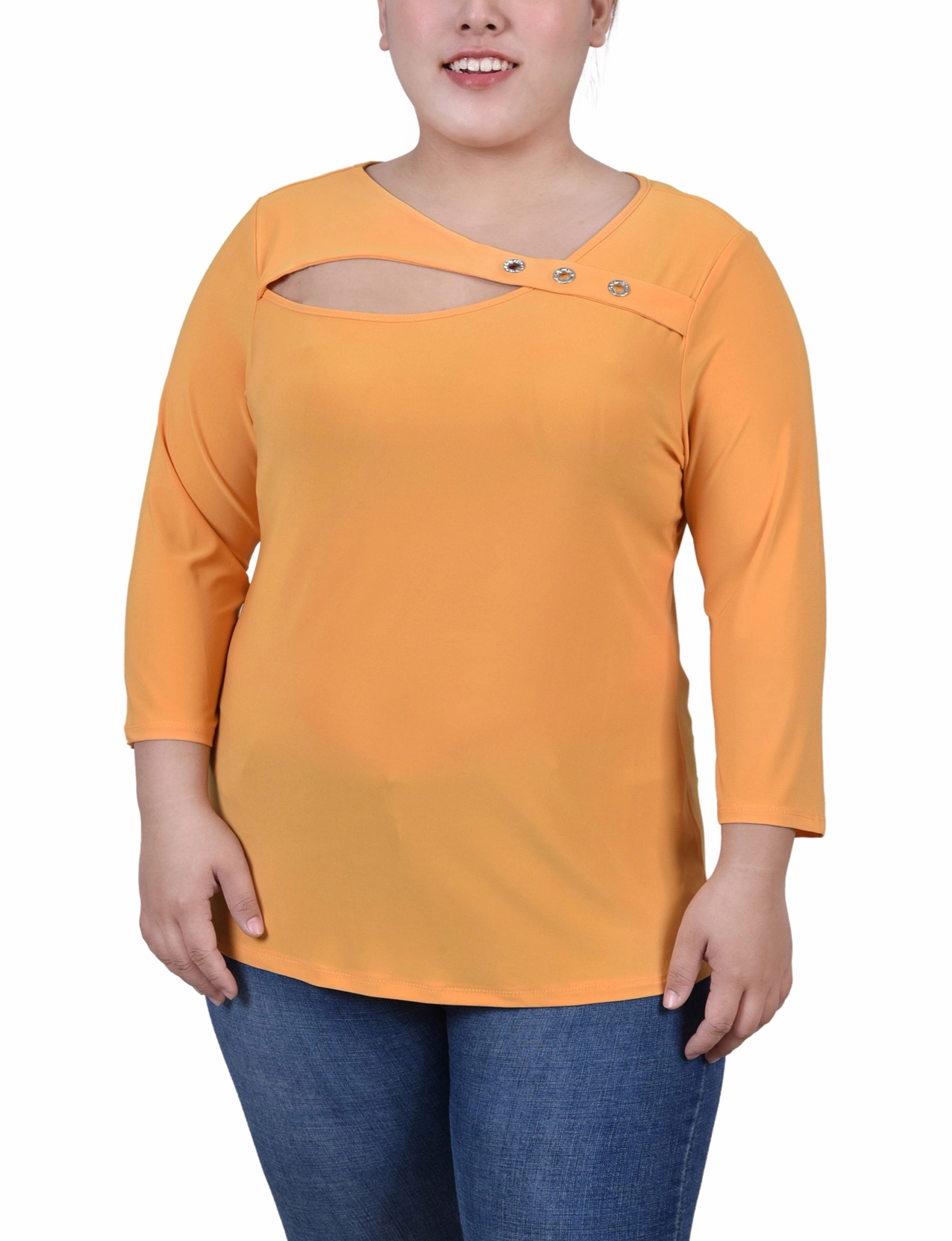 Plus Size 3/4 Sleeve Cutout Top Fray Resistant Edges DoubleLayeredFabric